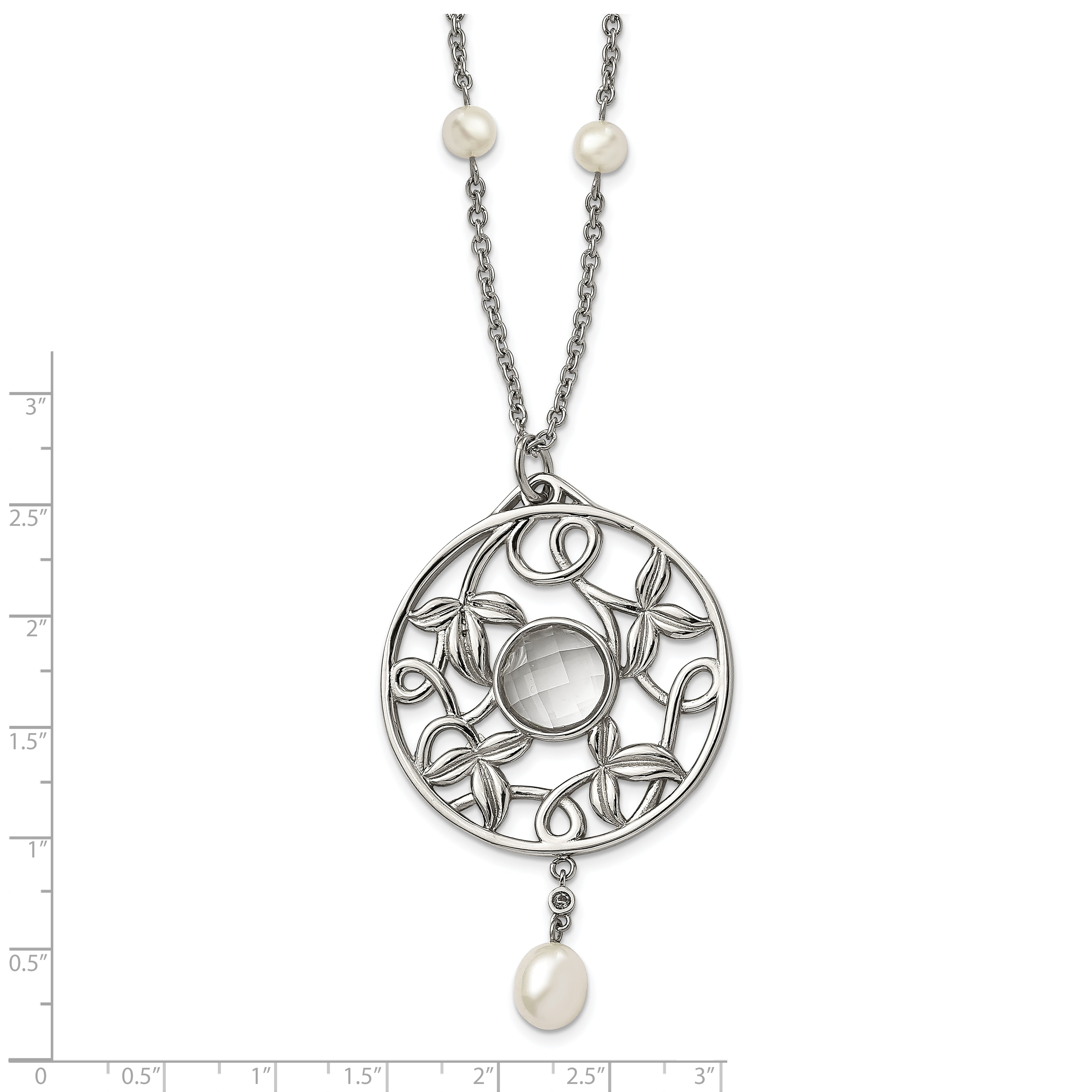 Stainless Steel Polished FWC Pearl & CZ & Glass 30in w/2in ext Necklace