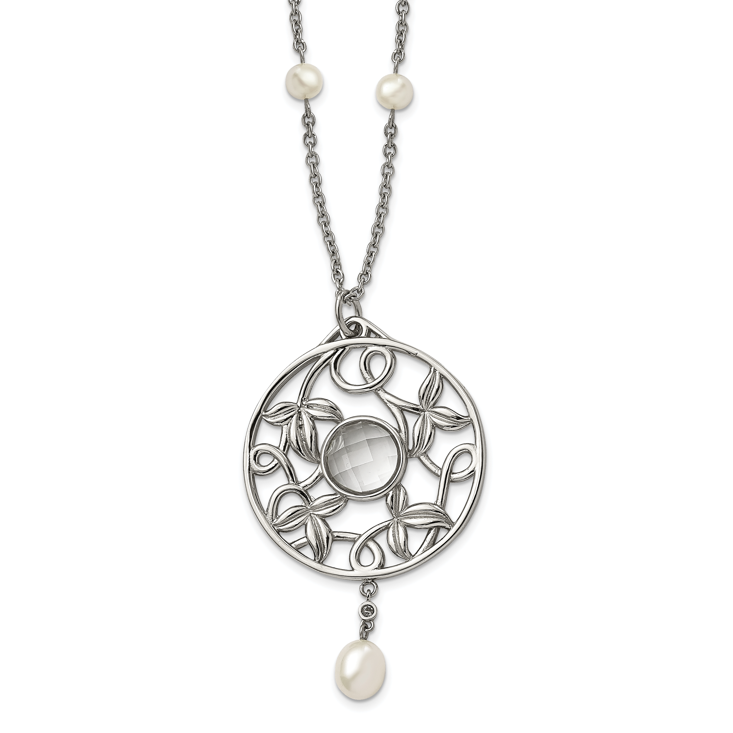 Stainless Steel Polished FWC Pearl & CZ & Glass 30in w/2in ext Necklace Main image