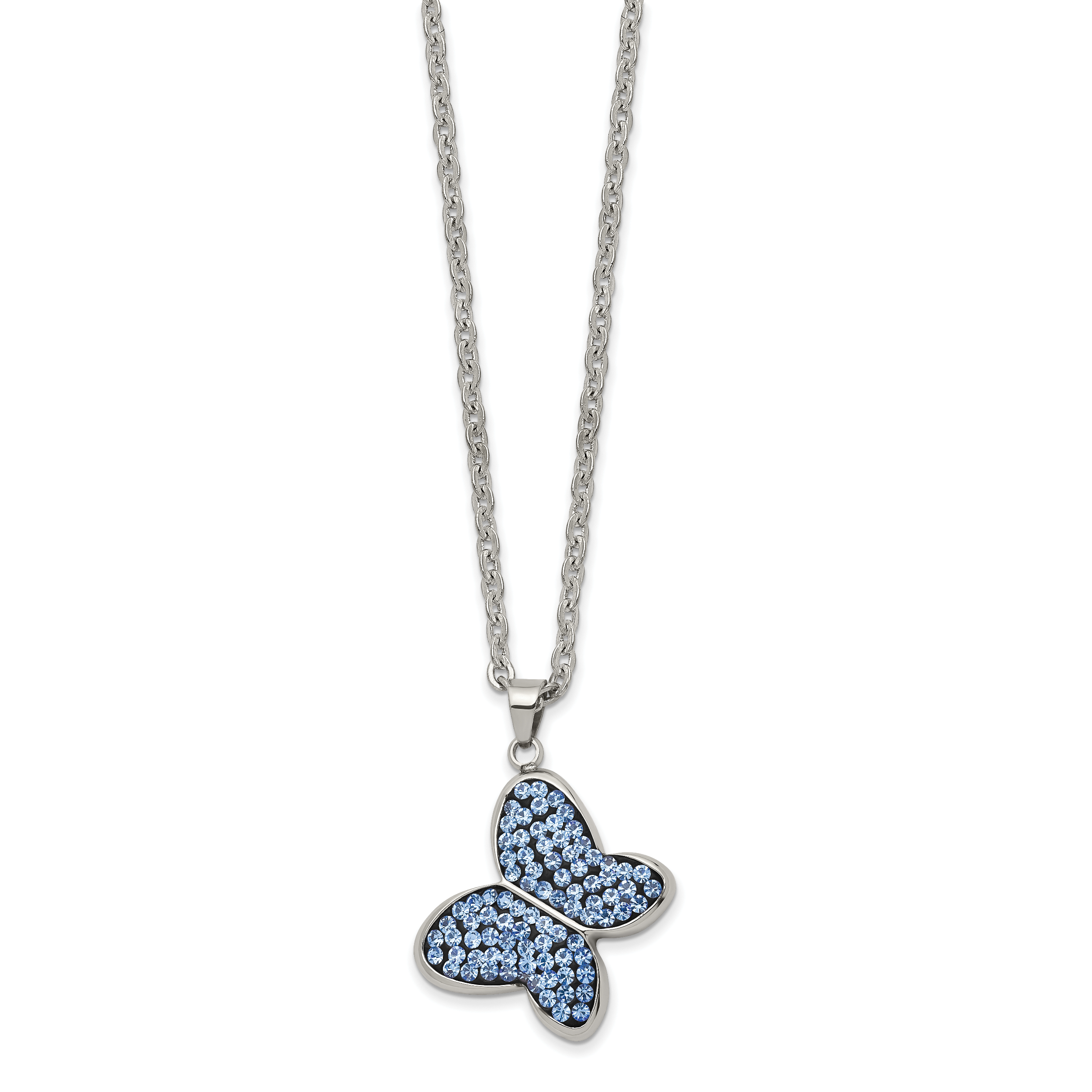 Chisel Stainless Steel Polished Blue Crystal Butterfly Pendant on a 22 inch Cable Chain Necklace Main image