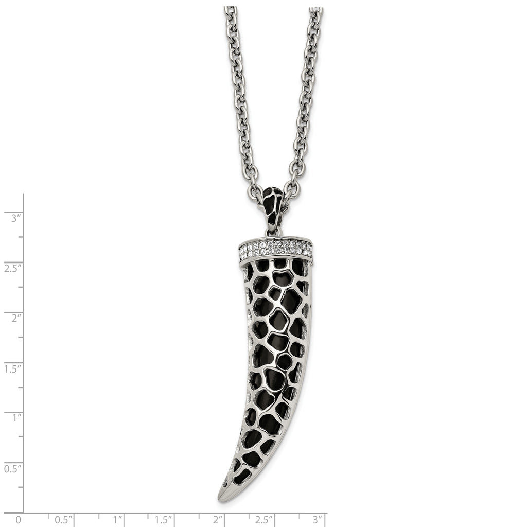 Horn Pendant Necklace in Stainless Steel with Black Glass & Crystal