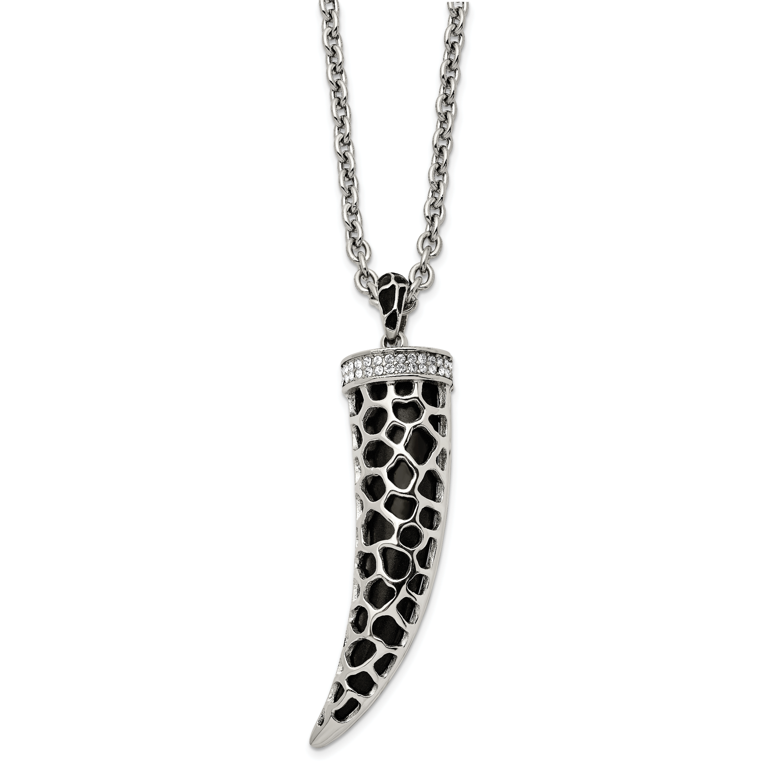 Stainless Steel 28in Polished Enamel w/Black Glass & Crystal Horn Necklace Main image