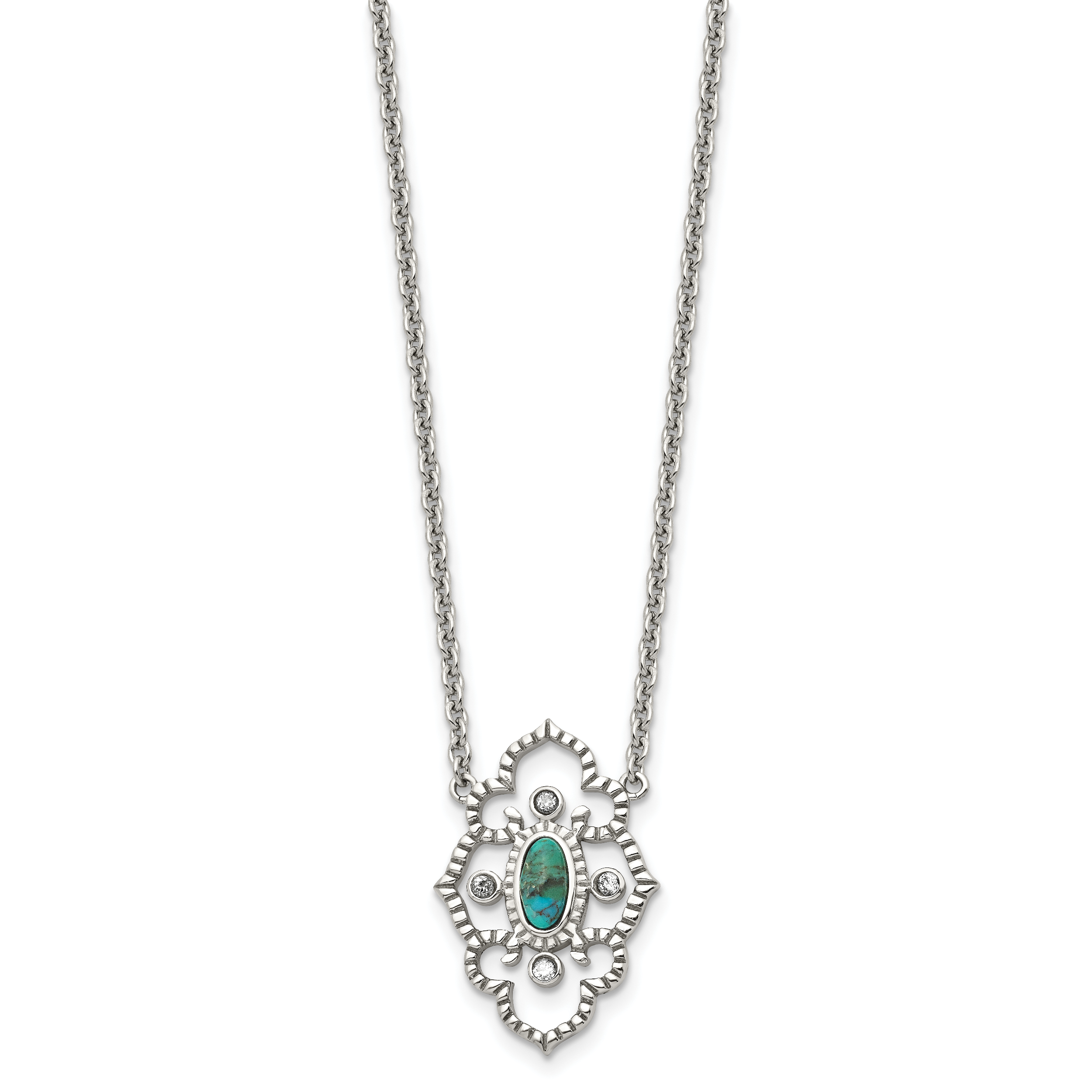 Stainless Steel Polished CZ and Imitation Turquoise w/2in ext Necklace Secondary image