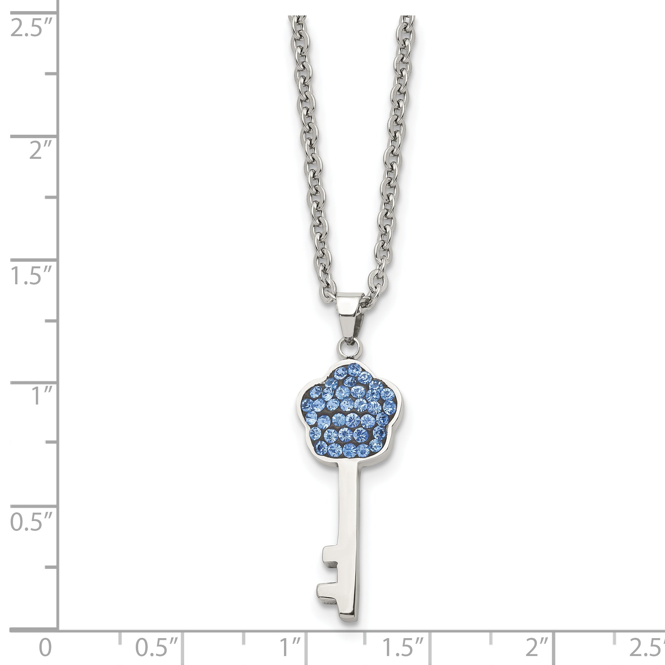Stainless Steel Polished Blue Crystal Flower Key18 inch Necklace