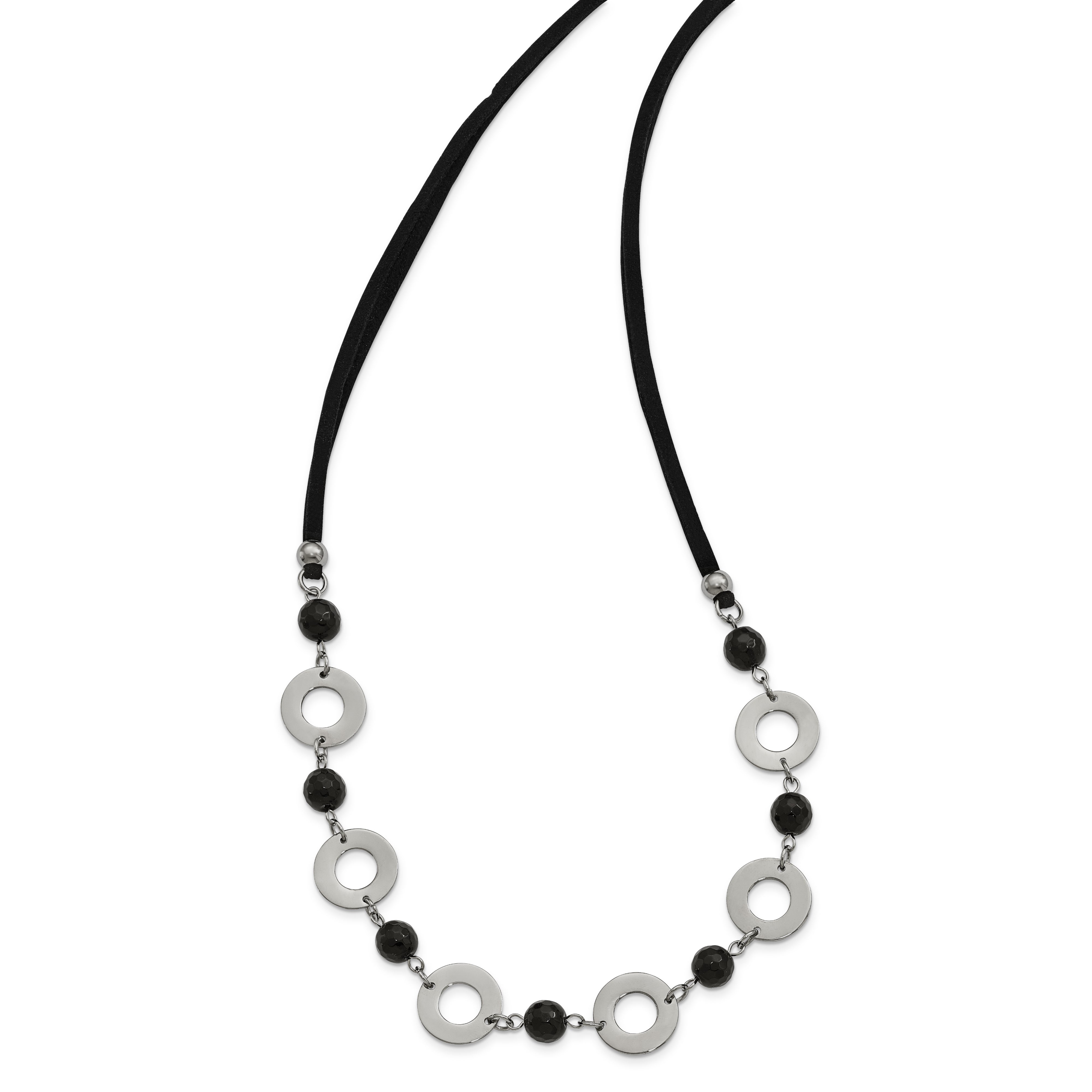 Stainless Steel Polished w/Black Agate w/1.5in ext Leather Cord Necklace