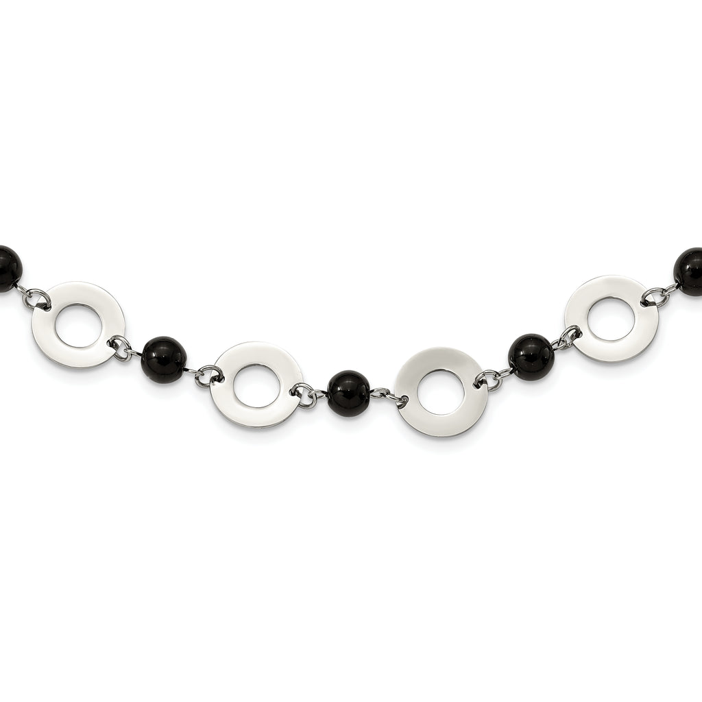 Stainless Steel Polished w/Black Agate w/1.5in ext Leather Cord Necklace