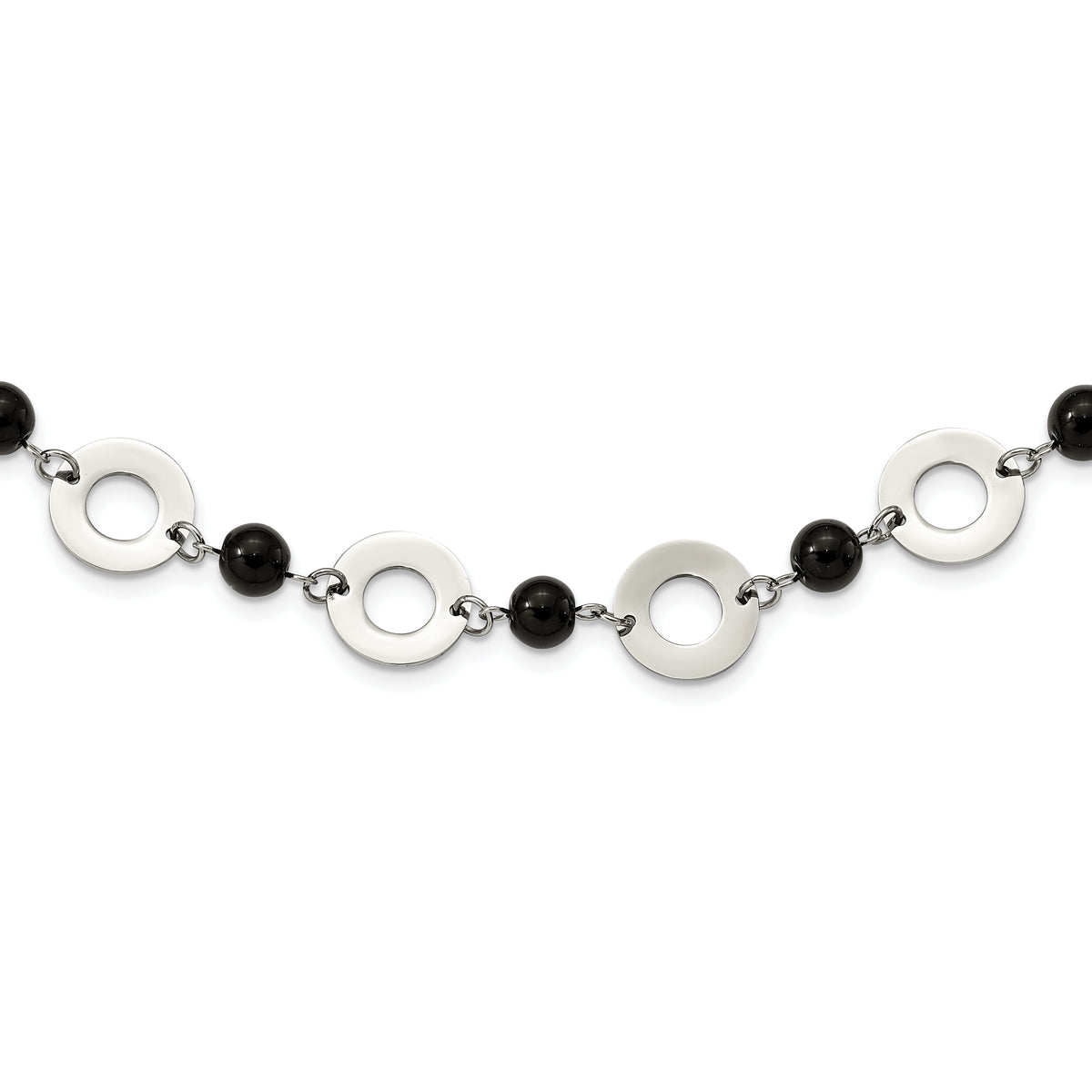 Stainless Steel Polished w/Black Agate w/1.5in ext Leather Cord Necklace