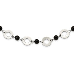 Stainless Steel Polished w/Black Agate w/1.5in ext Leather Cord Necklace