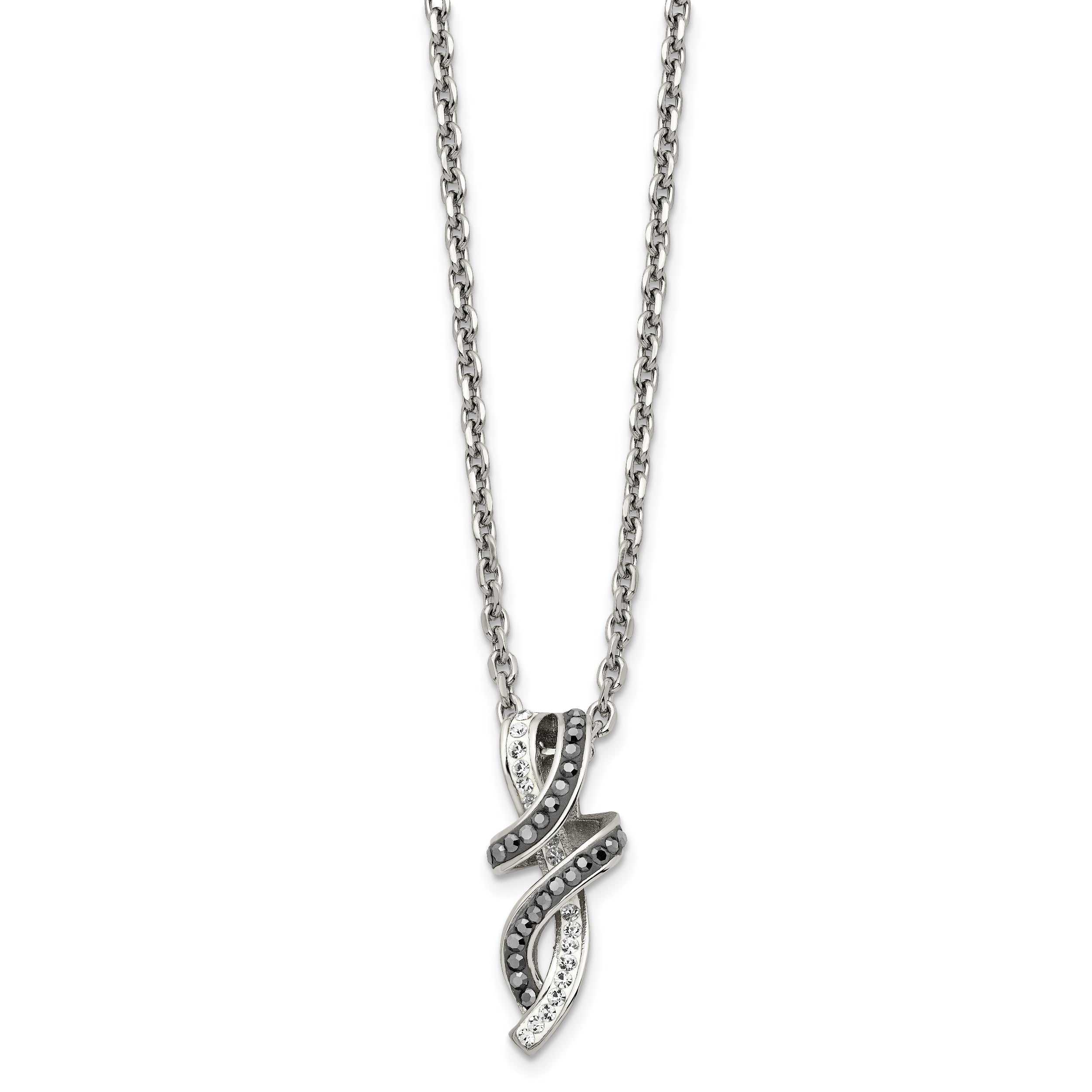 Chisel Stainless Steel Polished Black and White Crystal Fancy Twisted Pendant on an 18 inch Cable Chain Necklace