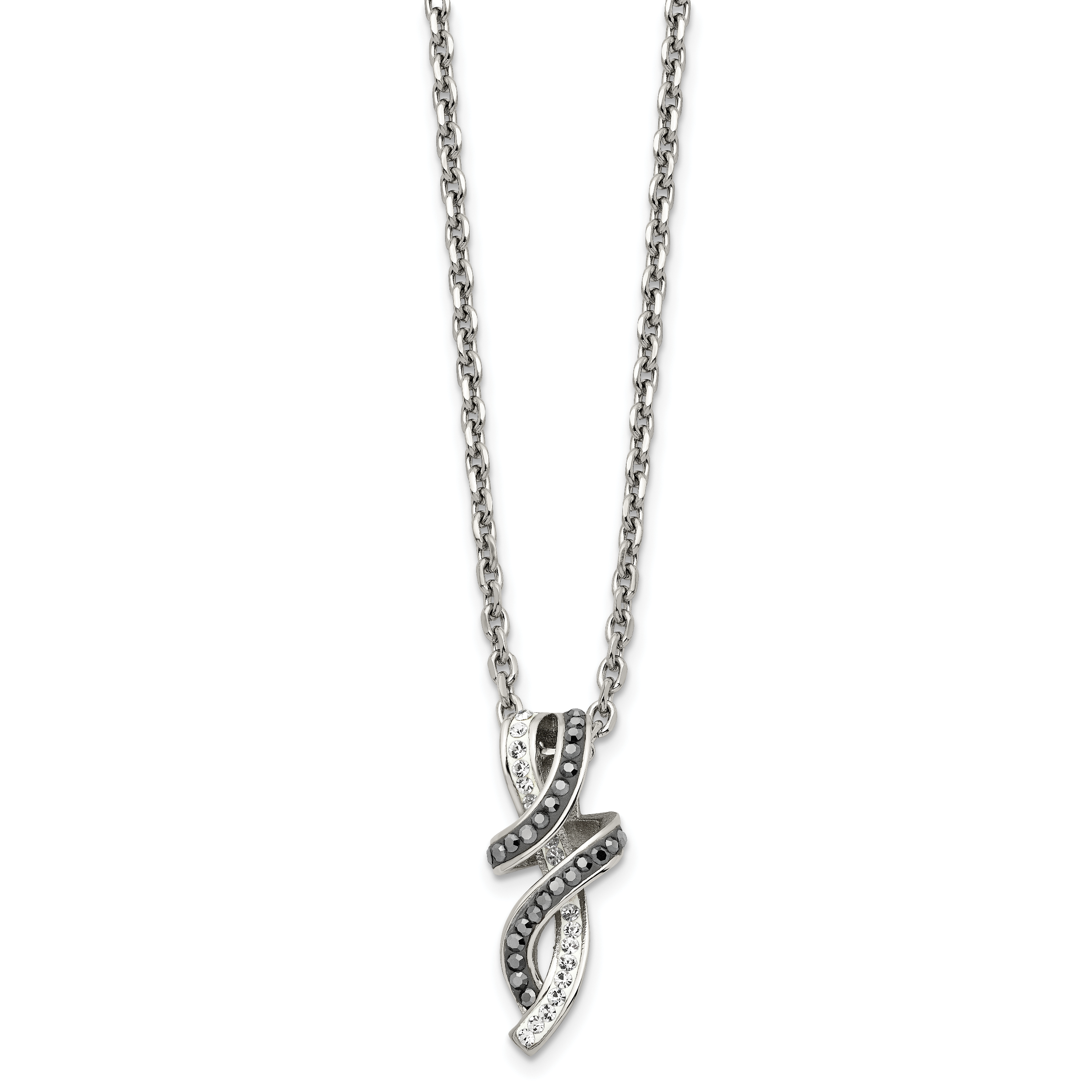 Chisel Stainless Steel Polished Black and White Crystal Fancy Twisted Pendant on an 18 inch Cable Chain Necklace