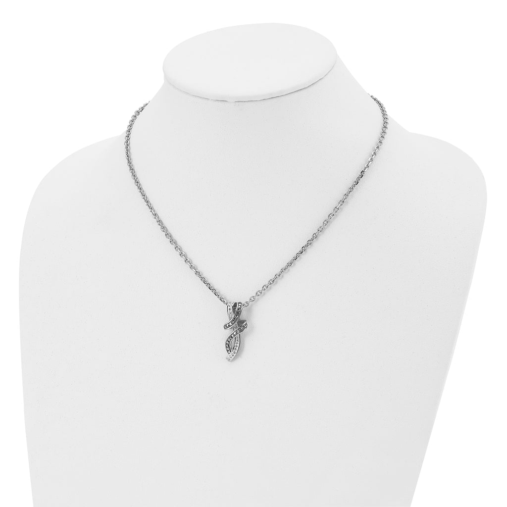 Chisel Stainless Steel Polished Black and White Crystal Fancy Twisted Pendant on an 18 inch Cable Chain Necklace