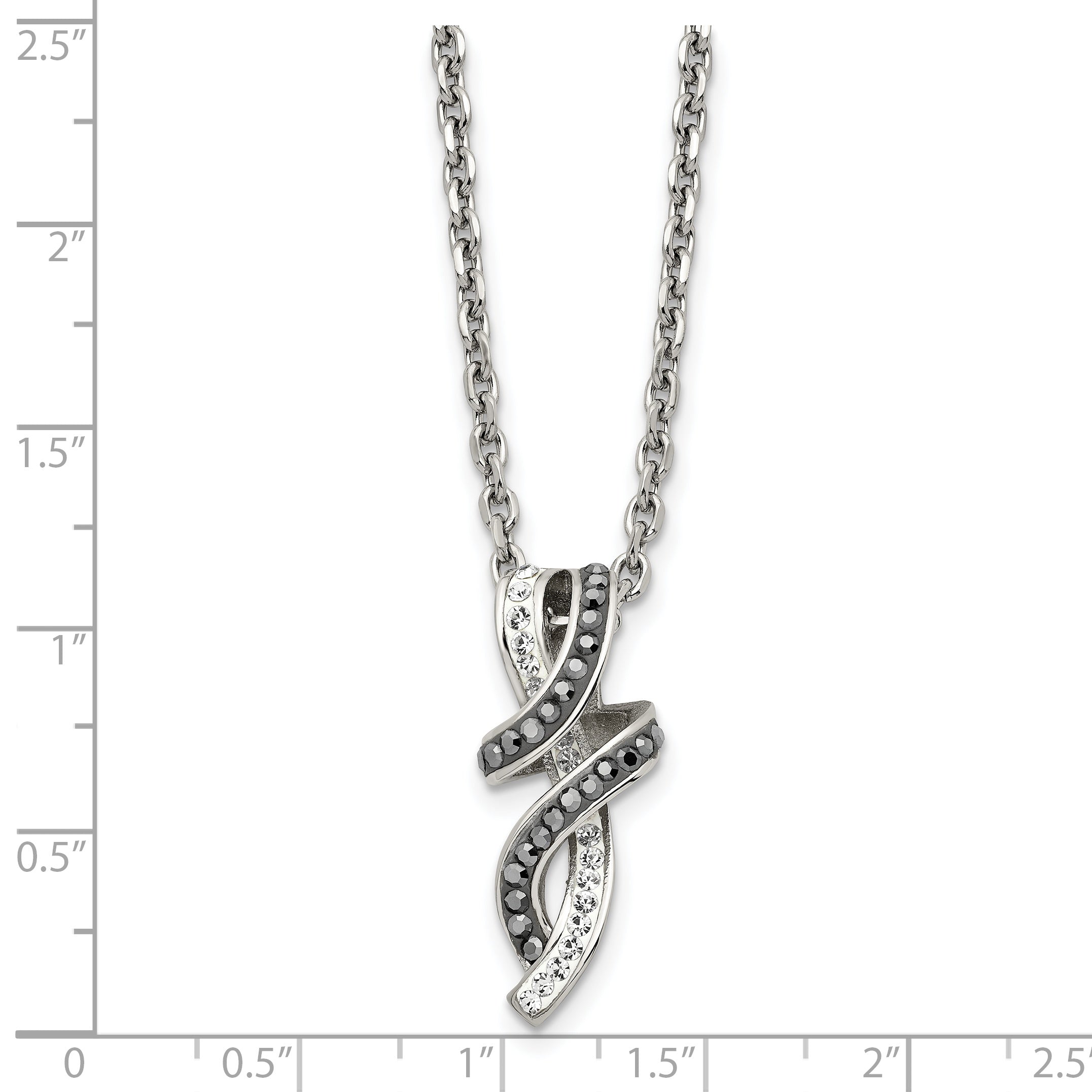 Chisel Stainless Steel Polished Black and White Crystal Fancy Twisted Pendant on an 18 inch Cable Chain Necklace