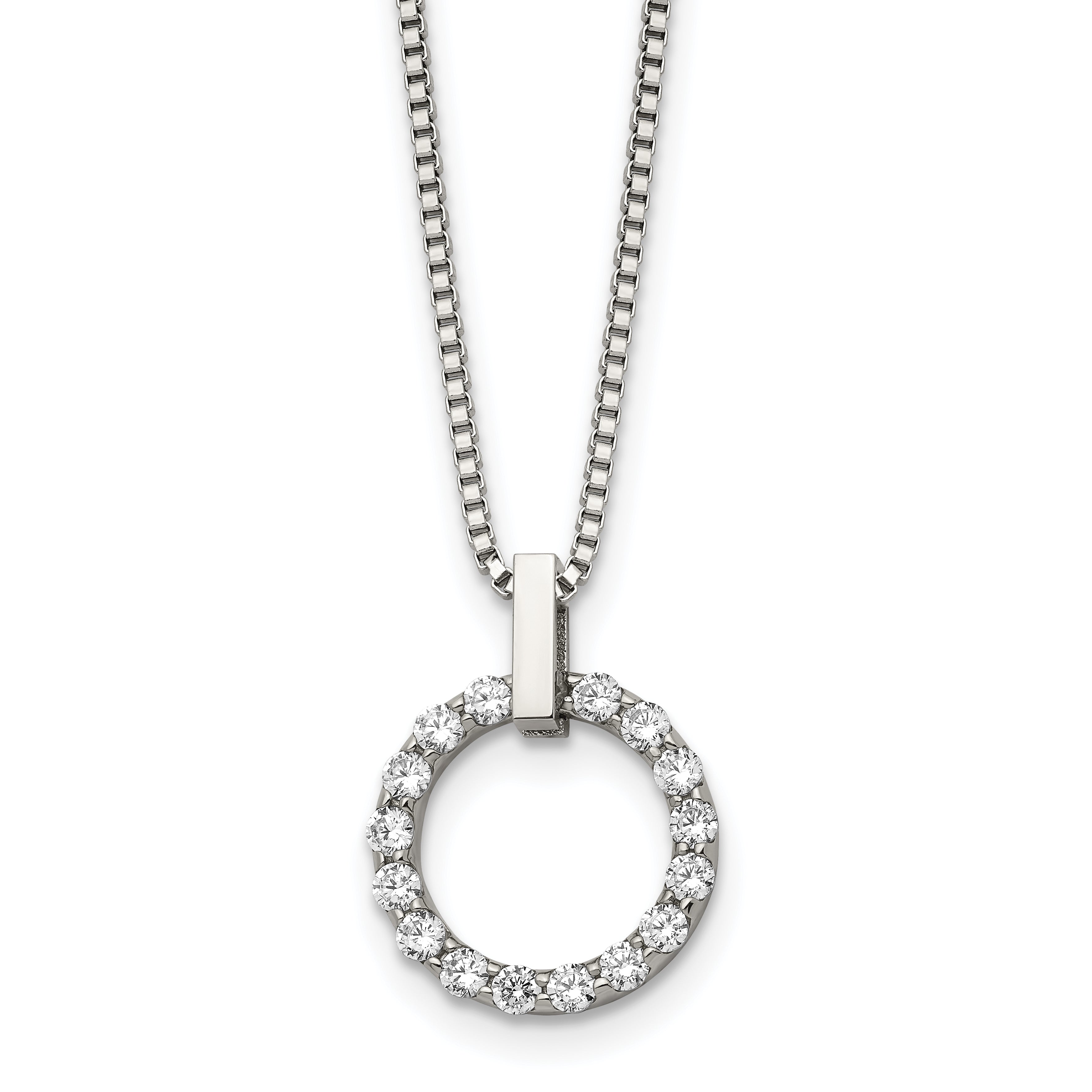 Chisel Stainless Steel Polished CZ Open Circle Pendant on an 18 inch Box Chain Necklace Main image