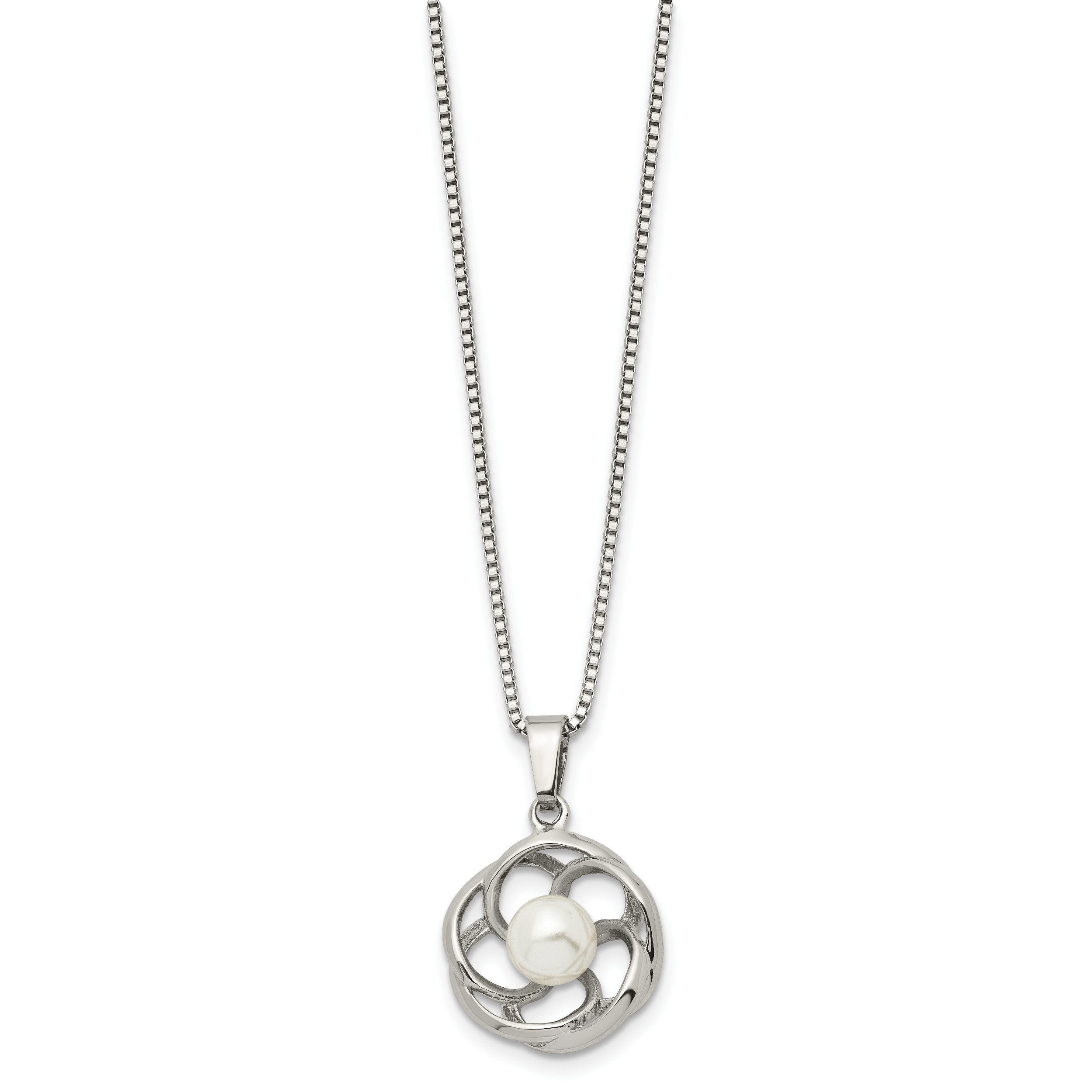Chisel Stainless Steel Polished with Freshwater Cultured Pearl Flower Pendant on an 18 inch Box Chain Necklace