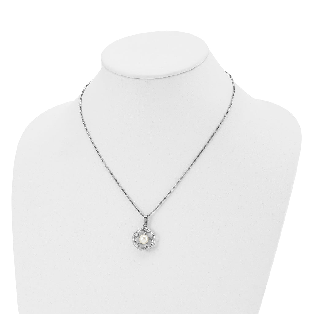 Chisel Stainless Steel Polished with Freshwater Cultured Pearl Flower Pendant on an 18 inch Box Chain Necklace