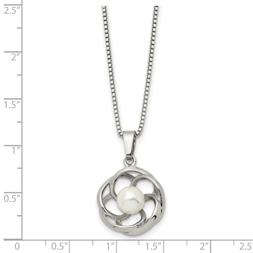 Chisel Stainless Steel Polished with Freshwater Cultured Pearl Flower Pendant on an 18 inch Box Chain Necklace