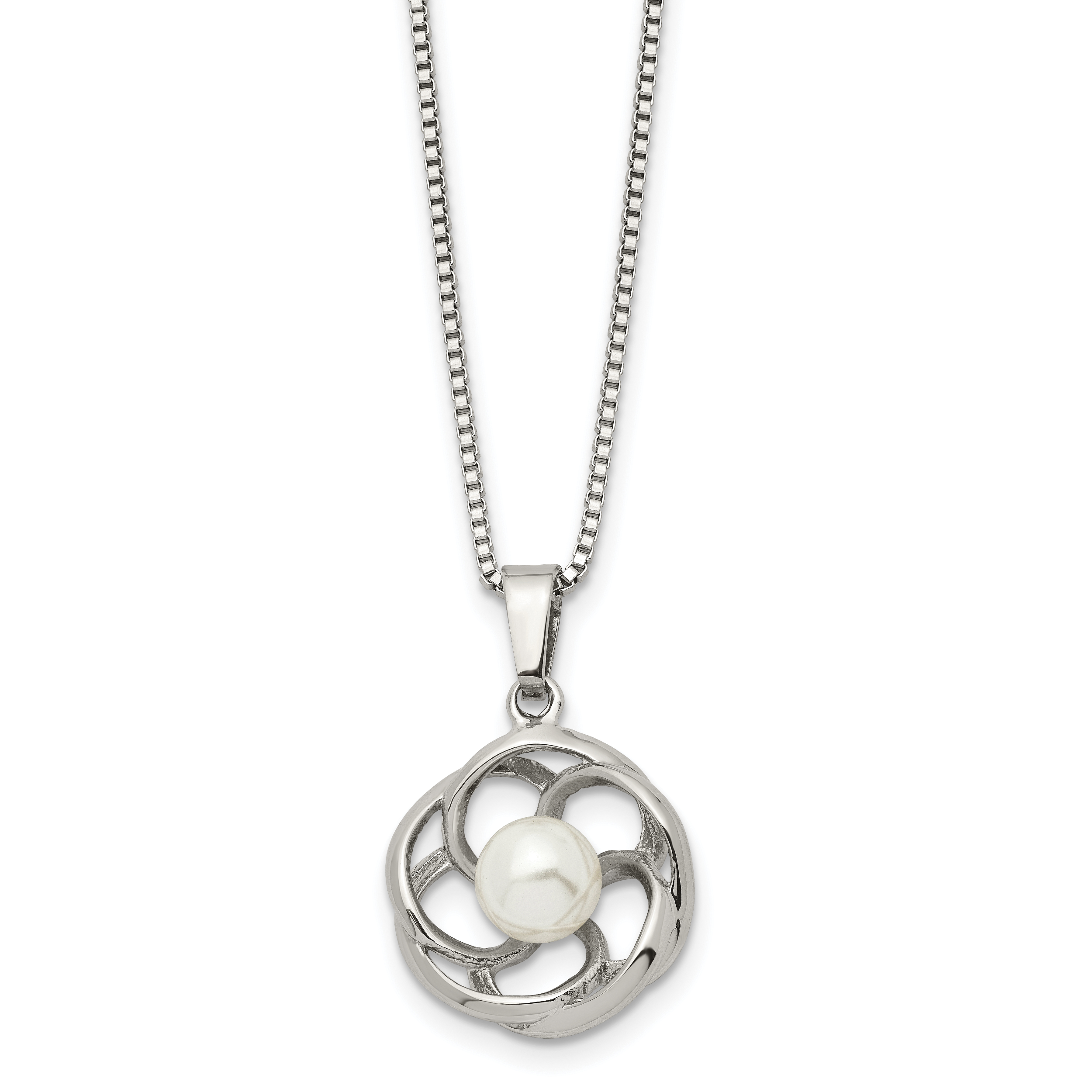Chisel Stainless Steel Polished with Freshwater Cultured Pearl Flower Pendant on an 18 inch Box Chain Necklace Main image