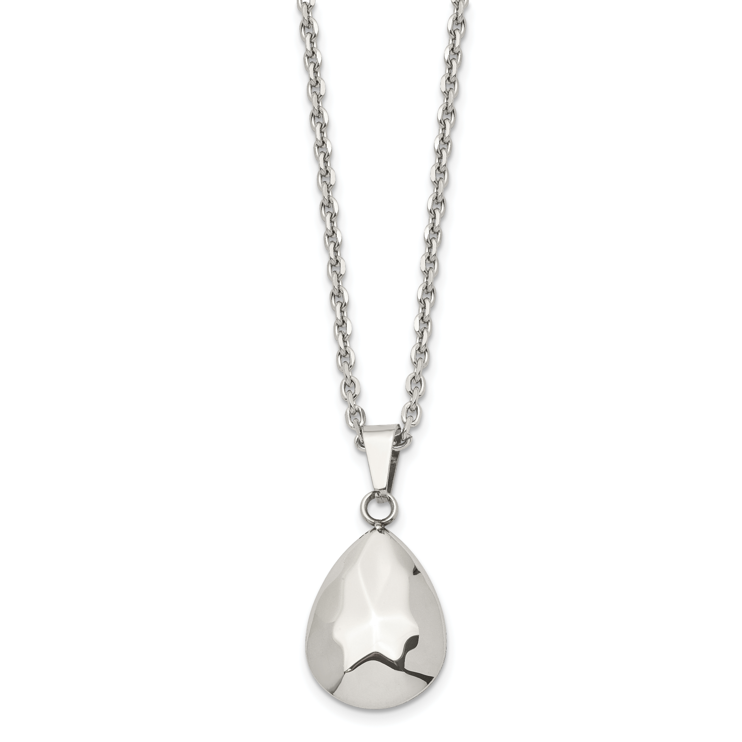 Stainless Steel Polished Hammered Hollow Teardrop Puff 18in Necklace Secondary image
