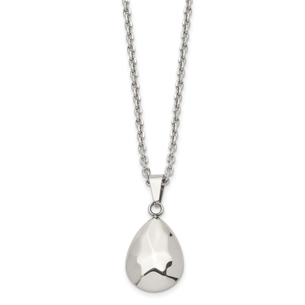 Stainless Steel Polished Hammered Hollow Teardrop Puff 18in Necklace