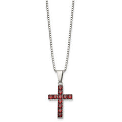 Chisel Stainless Steel Polished with Red Square CZ Cross Pendant on an 18 inch Box Chain Necklace