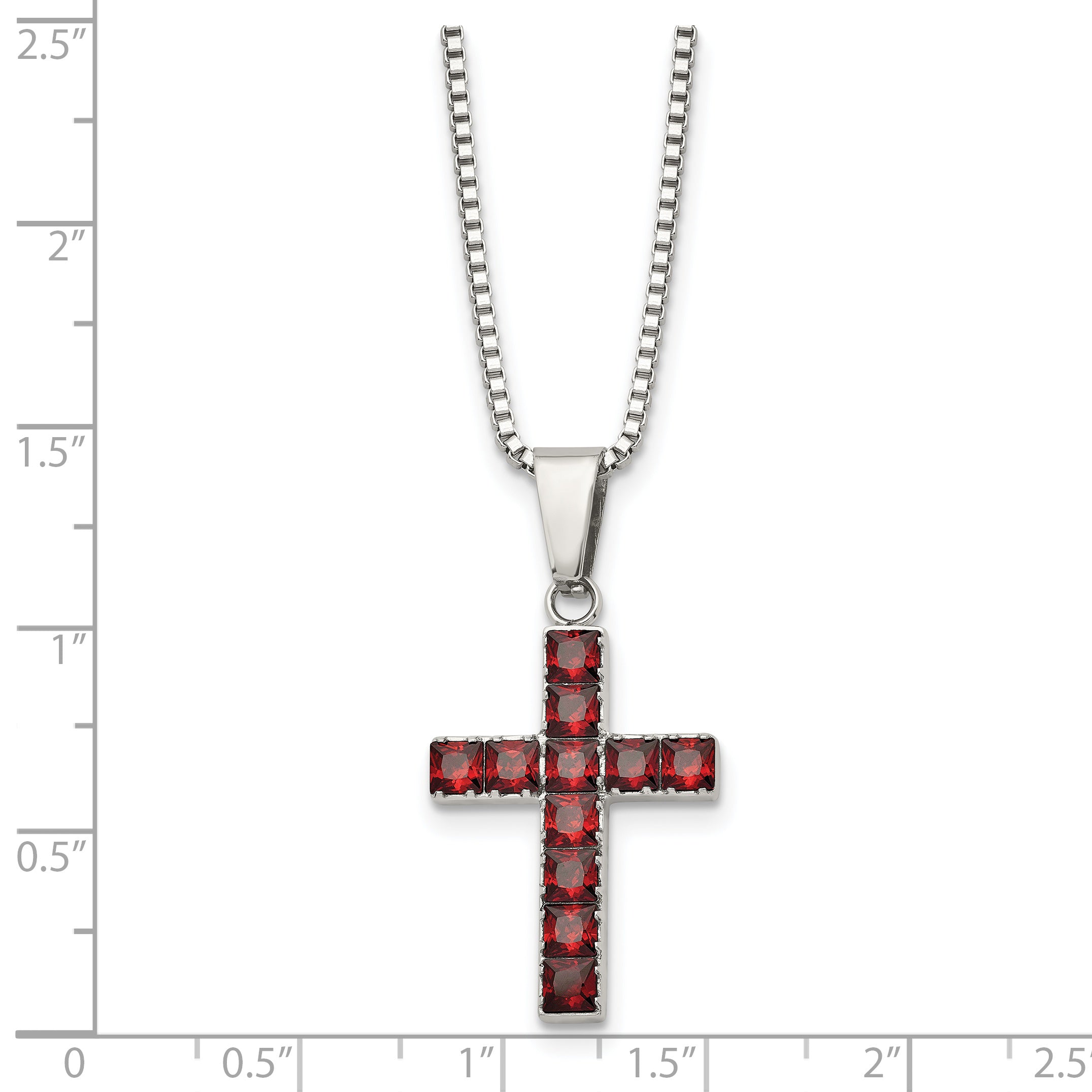 Chisel Stainless Steel Polished with Red Square CZ Cross Pendant on an 18 inch Box Chain Necklace