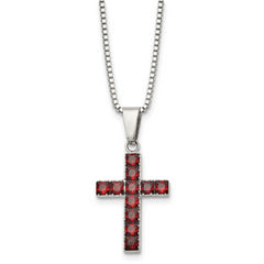 Chisel Stainless Steel Polished with Red Square CZ Cross Pendant on an 18 inch Box Chain Necklace