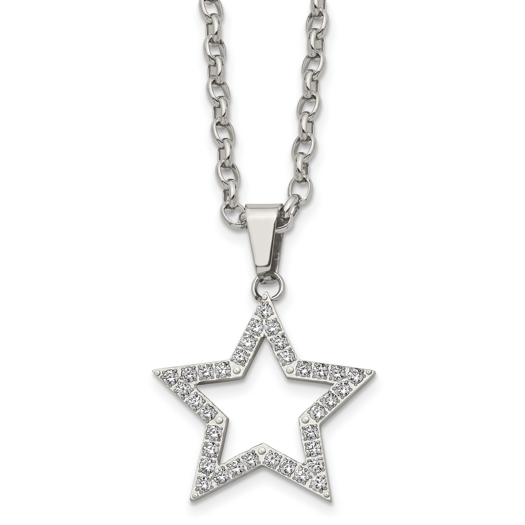 Stainless Steel Polished CZ Star 18in Necklace