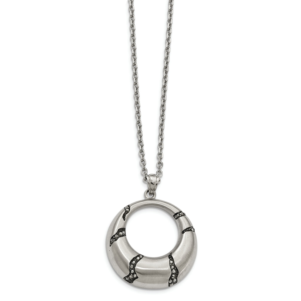 Stainless Steel Brushed Enameled w/Crystal Circle 20in Necklace