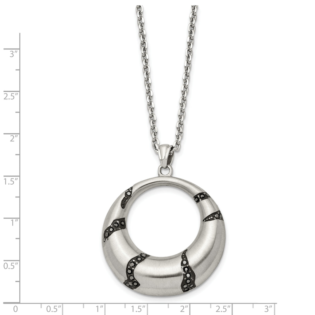 Stainless Steel Brushed Enameled w/Crystal Circle 20in Necklace