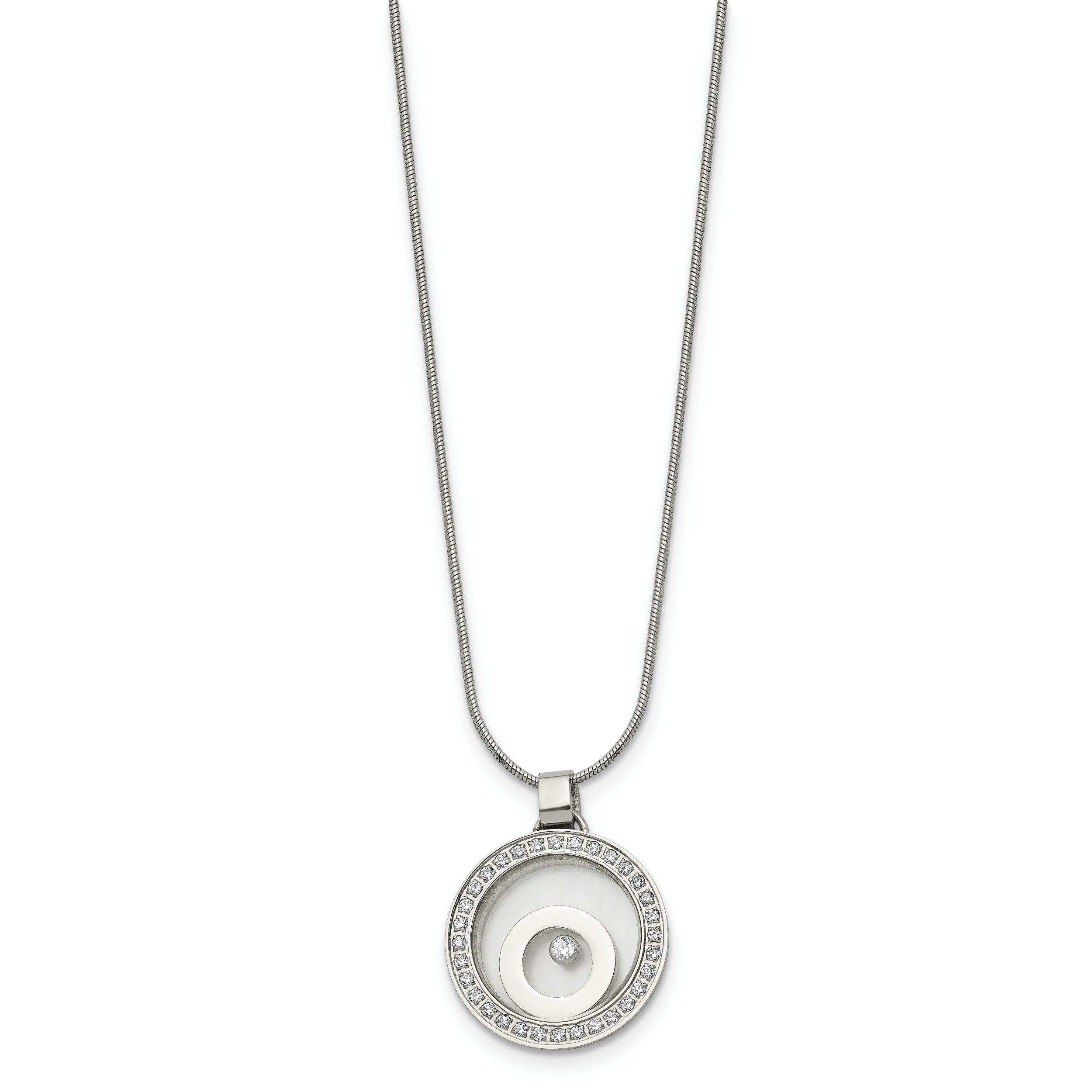 Stainless Steel Polished with Moving CZ Floating in Glass Circle Necklace