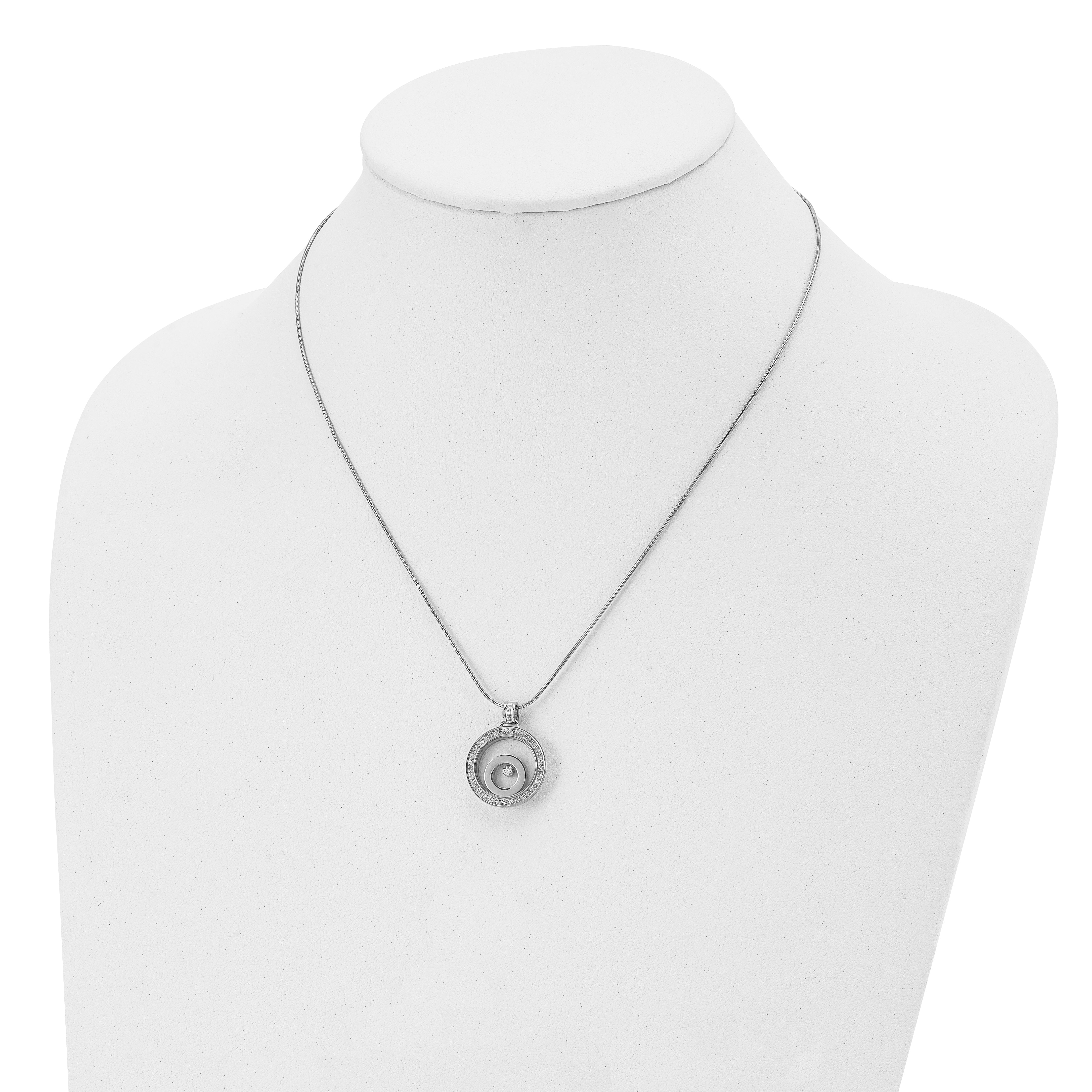 Stainless Steel Polished with Moving CZ Floating in Glass Circle Necklace