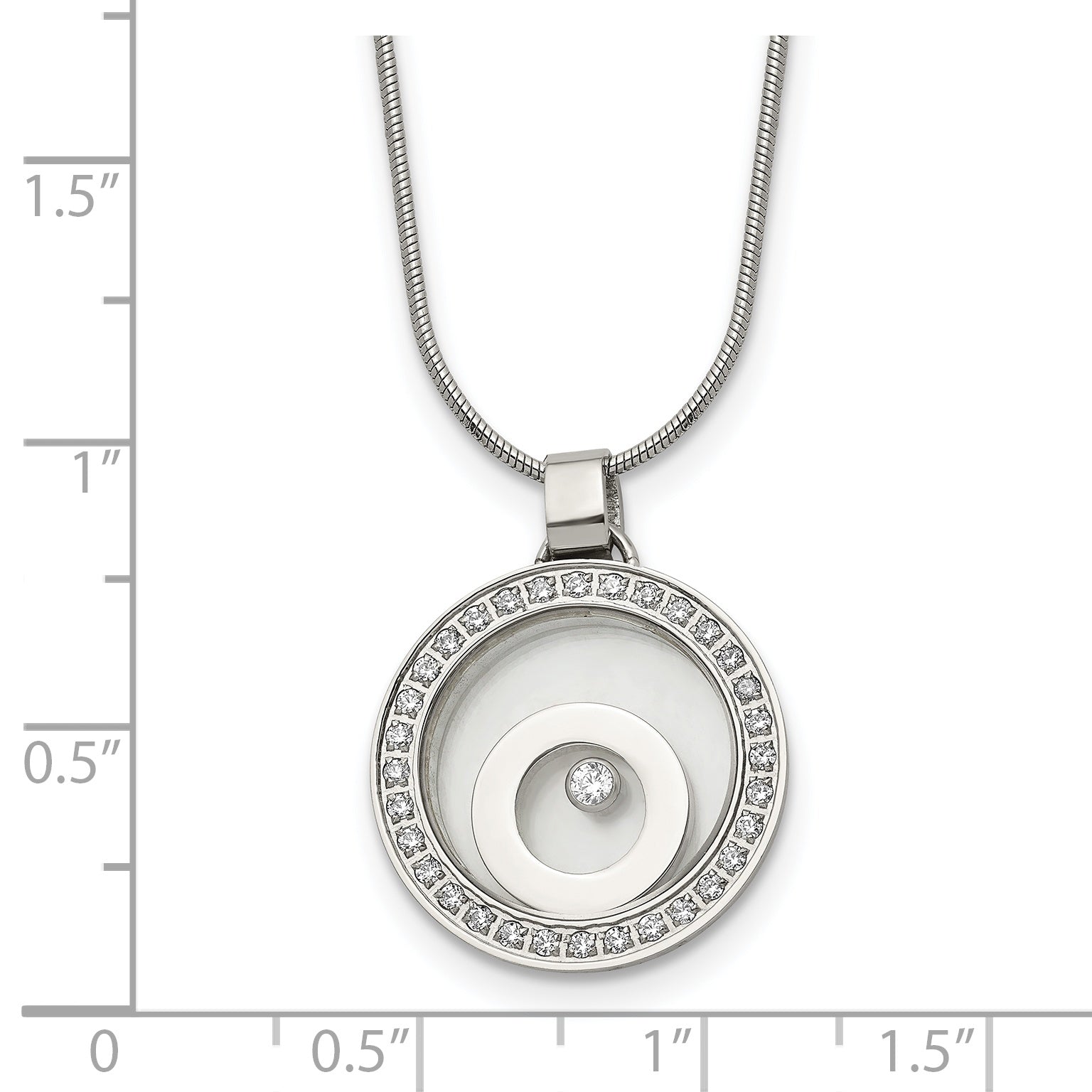 Stainless Steel Polished with Moving CZ Floating in Glass Circle Necklace