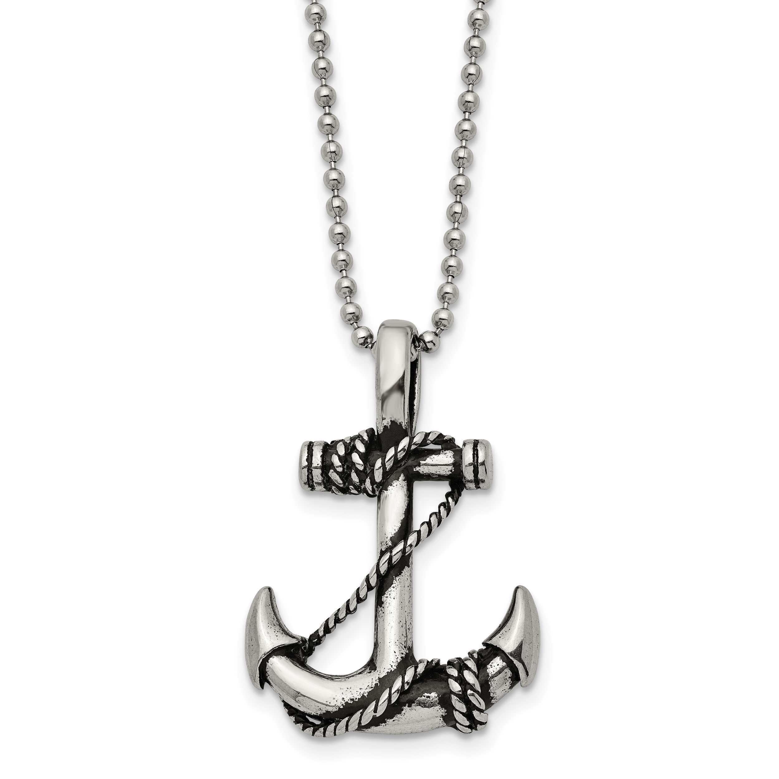 Chisel Stainless Steel Antiqued and Polished Anchorwiht Rope Pendant on a 22 inch Ball Chain Necklace Main image