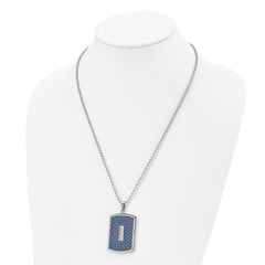 Chisel Stainless Steel Polished with CZ and Blue Carbon Fiber Inlay Dog Tag on a 22 inch Ball Chain Necklace