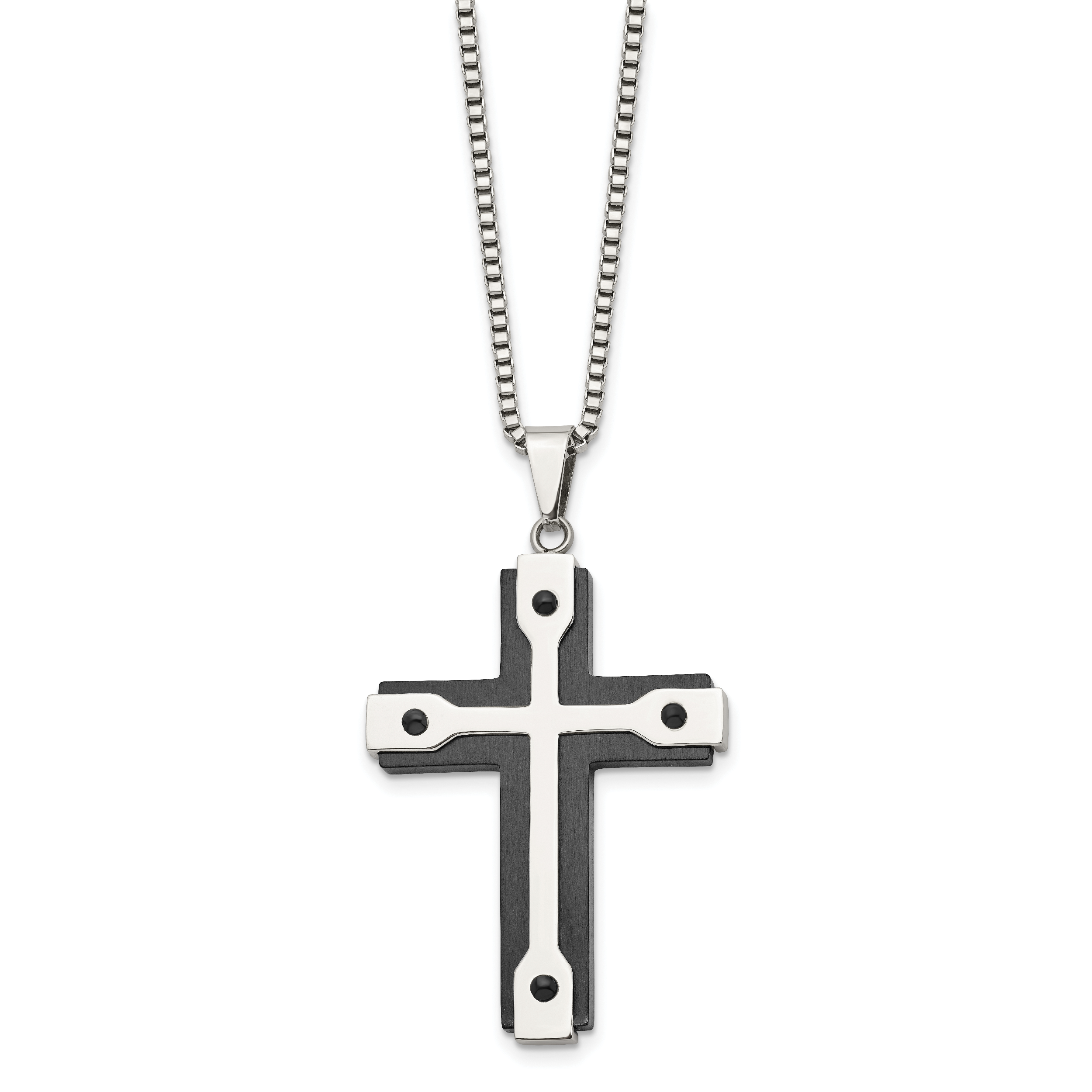 Chisel Stainless Steel Brushed and Polished Black IP-plated Cross Pendant on a 22 inch Box Chain Necklace Secondary image