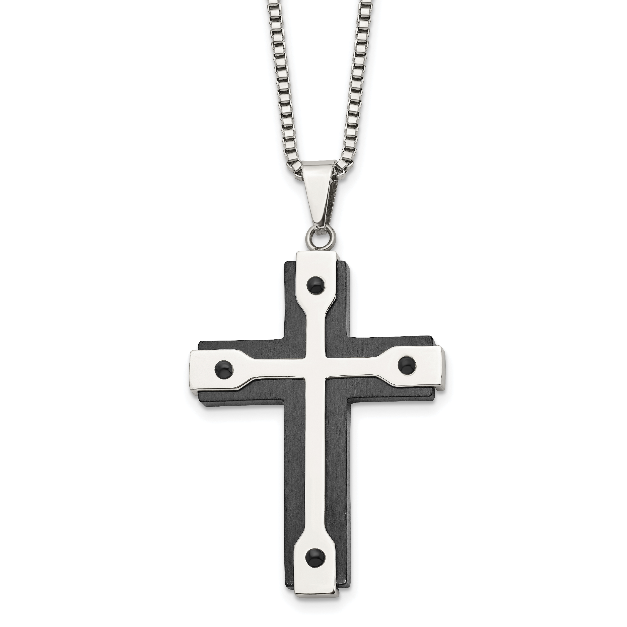 Chisel Stainless Steel Brushed and Polished Black IP-plated Cross Pendant on a 22 inch Box Chain Necklace Main image
