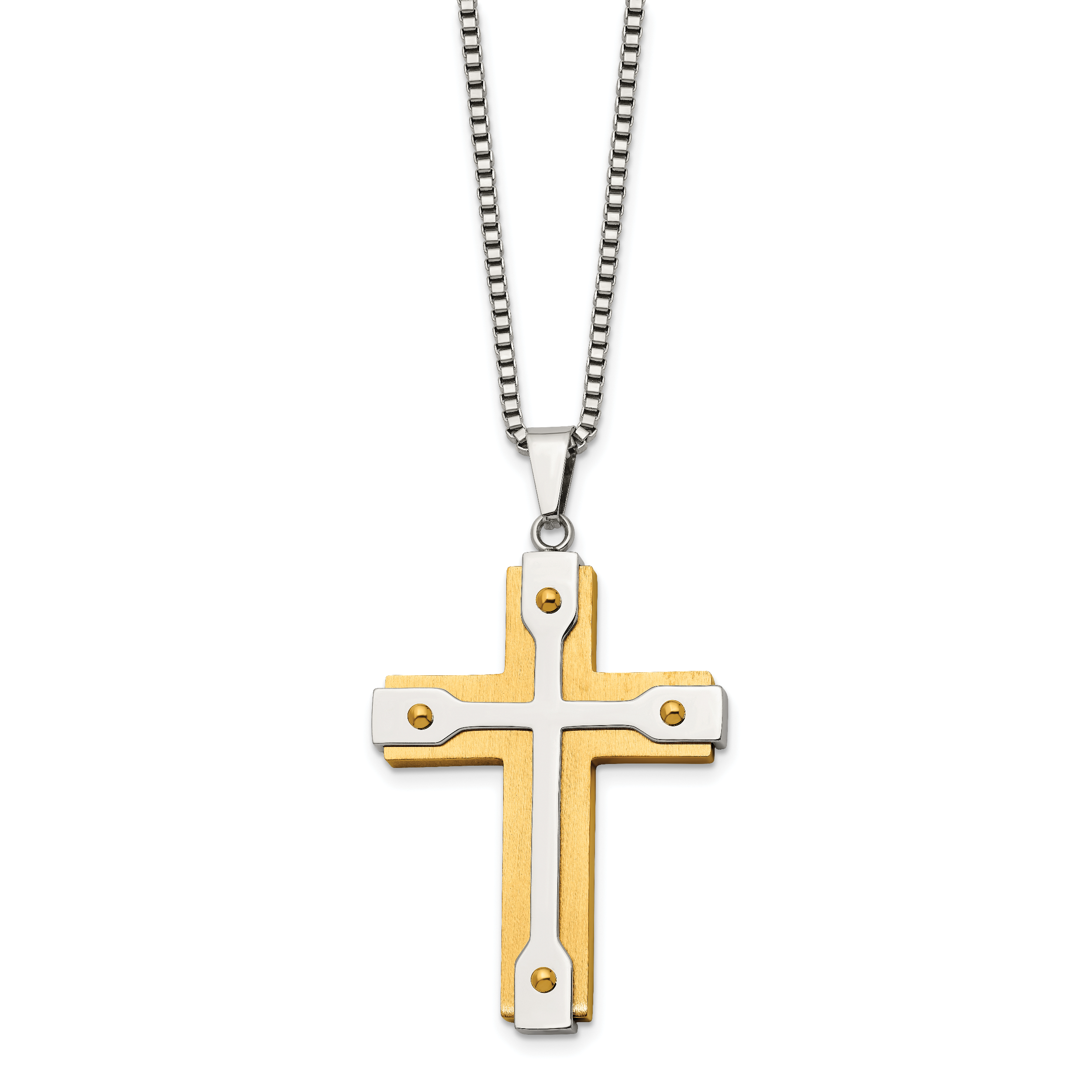 Chisel Stainless Steel Brushed and Polished Yellow IP-plated Cross Pendant on a 22 inch Box Chain Necklace Secondary image