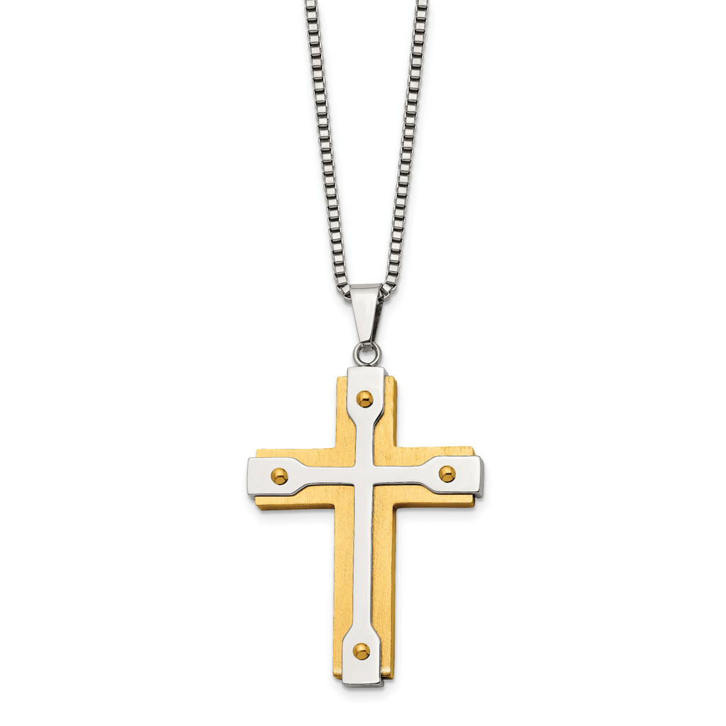 Chisel Stainless Steel Brushed and Polished Yellow IP-plated Cross Pendant on a 22 inch Box Chain Necklace