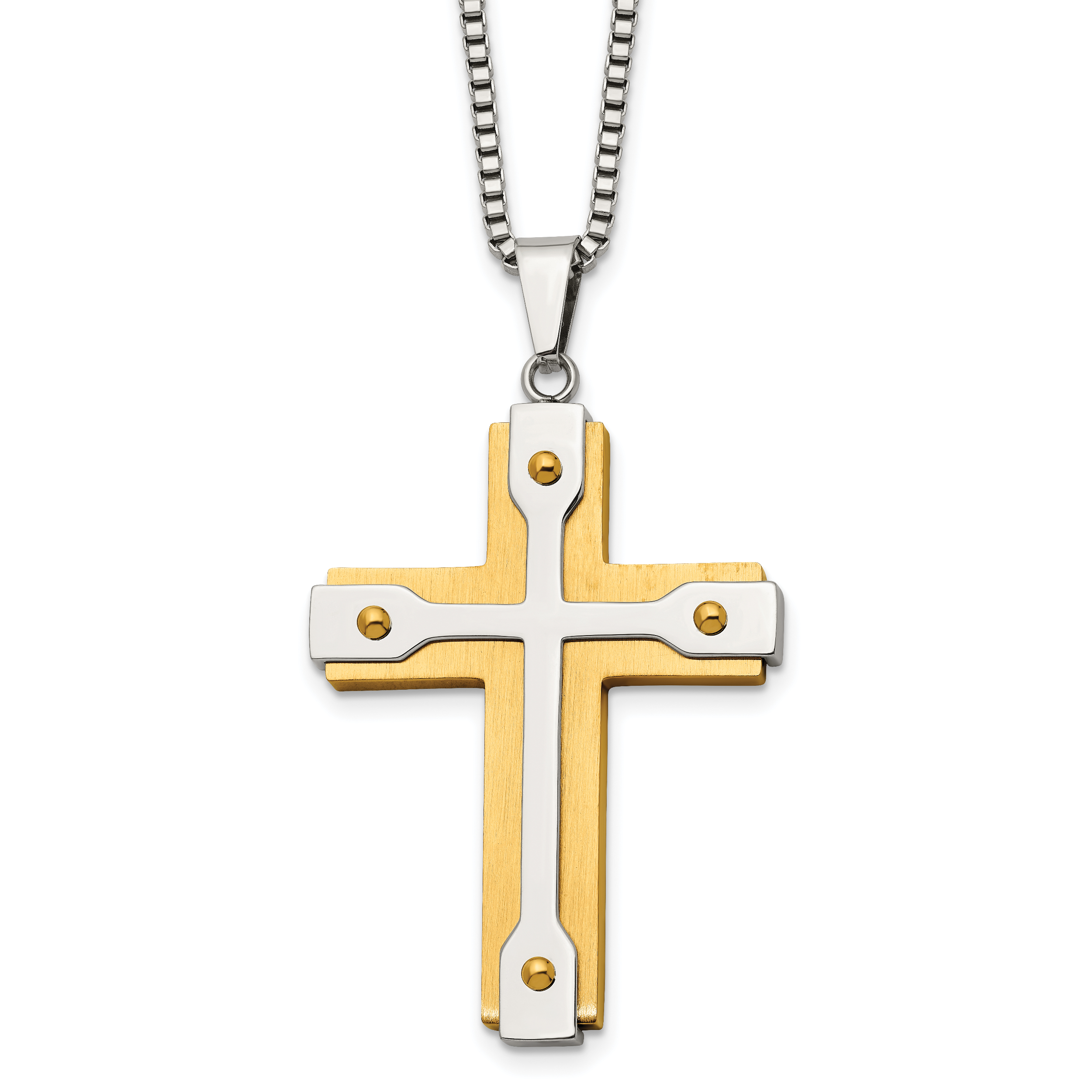 Chisel Stainless Steel Brushed and Polished Yellow IP-plated Cross Pendant on a 22 inch Box Chain Necklace Main image