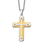 Chisel Stainless Steel Brushed and Polished Yellow IP-plated Cross Pendant on a 22 inch Box Chain Necklace