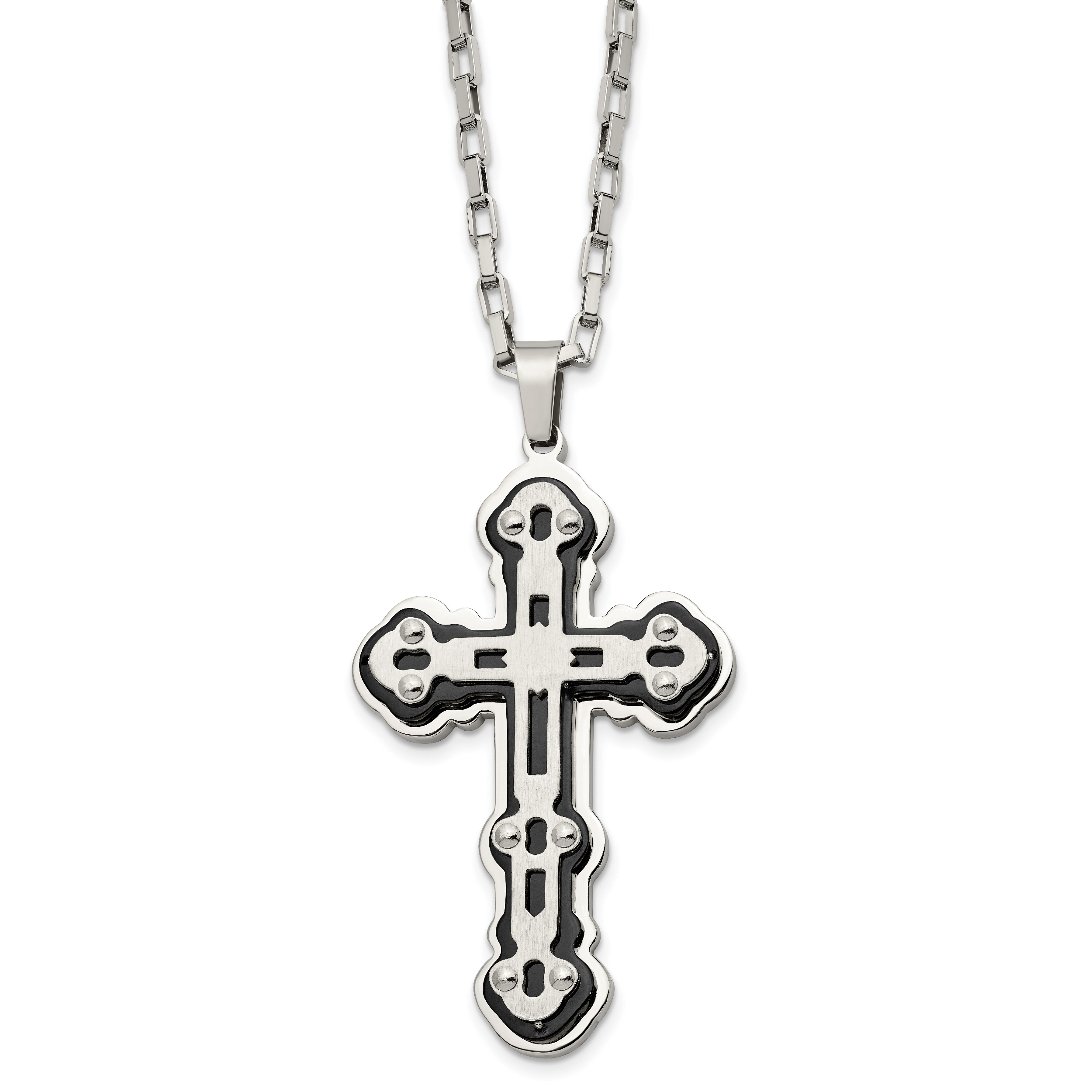 Stainless Steel Brushed and Polished Black IP-plated Cross 24in Necklace Main image