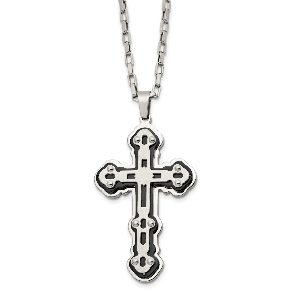 Stainless Steel Brushed and Polished Black IP-plated Cross 24in Necklace