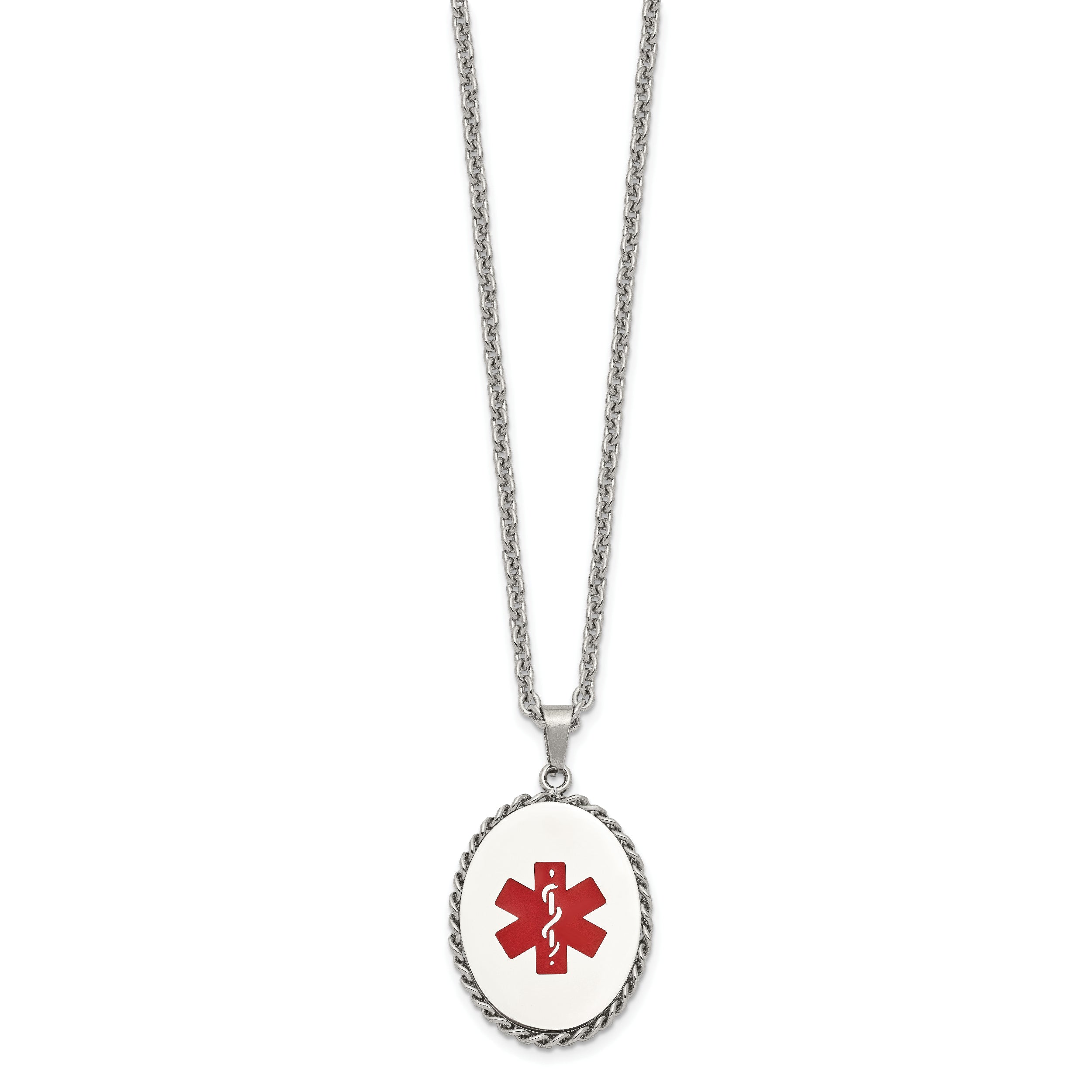 Chisel Stainless Steel Polished with Red Enamel Oval Medical ID Pendant on a 20 inch Cable Chain Necklace