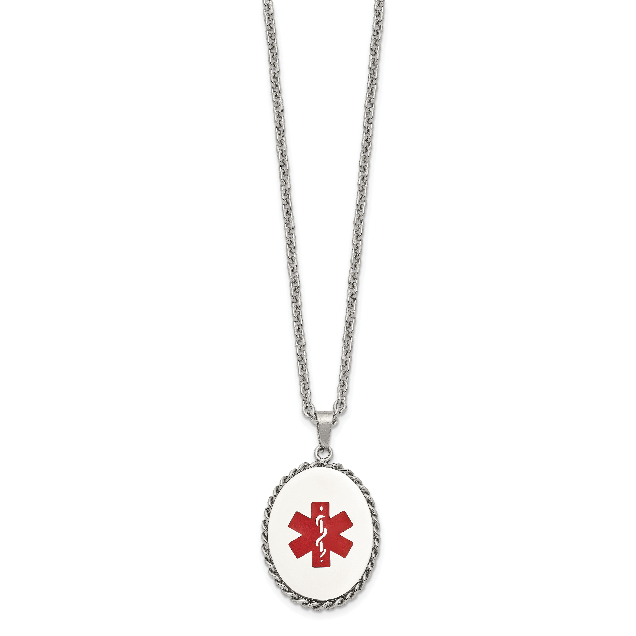 Chisel Stainless Steel Polished with Red Enamel Oval Medical ID Pendant on a 20 inch Cable Chain Necklace Secondary image