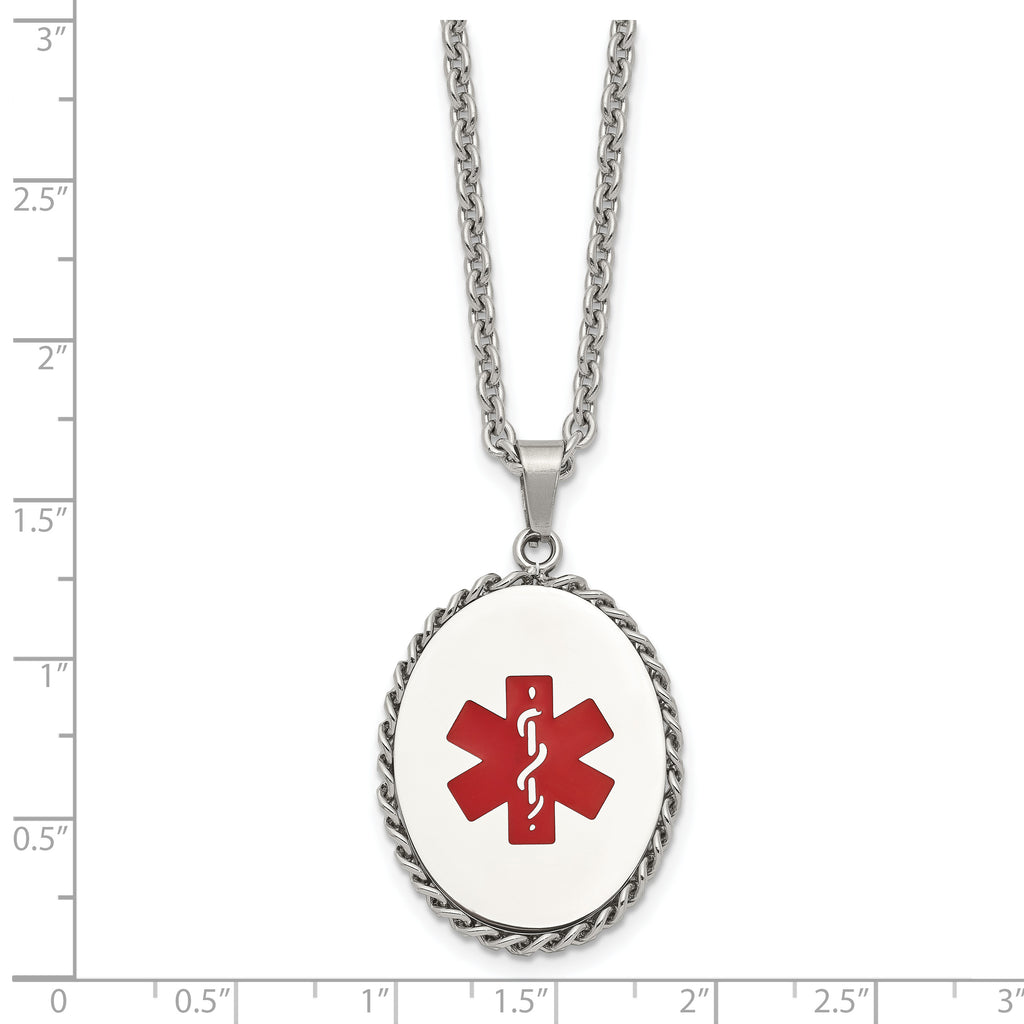 Chisel Stainless Steel Polished with Red Enamel Oval Medical ID Pendant on a 20 inch Cable Chain Necklace