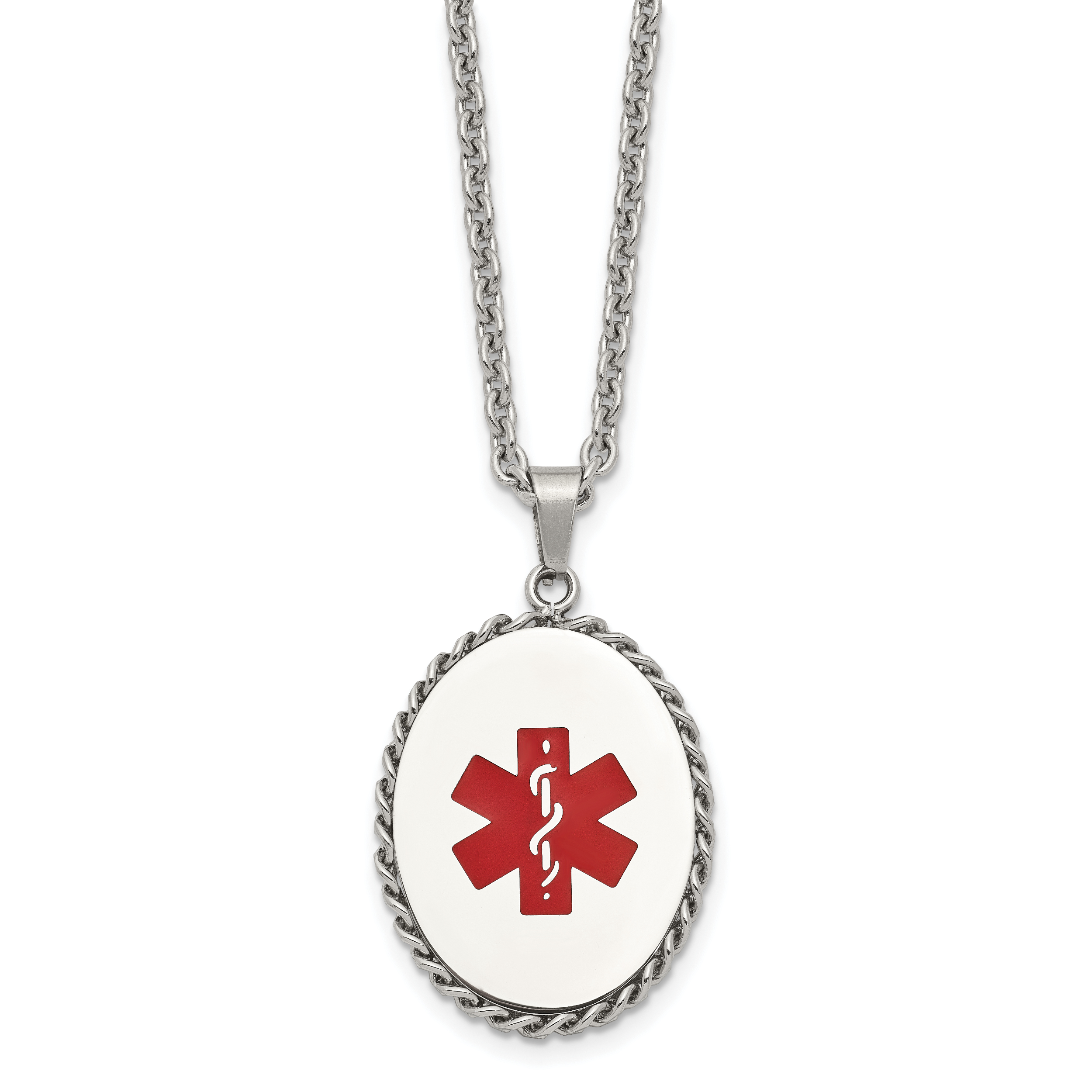 Chisel Stainless Steel Polished with Red Enamel Oval Medical ID Pendant on a 20 inch Cable Chain Necklace Main image