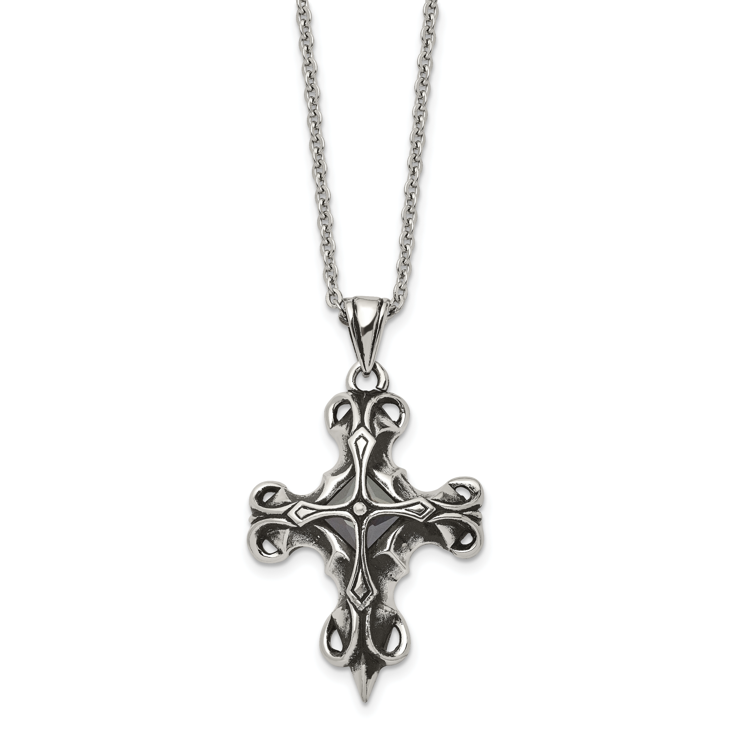 Stainless Steel Antiqued and Polished w/Black Glass Cross 22in Necklace Secondary image