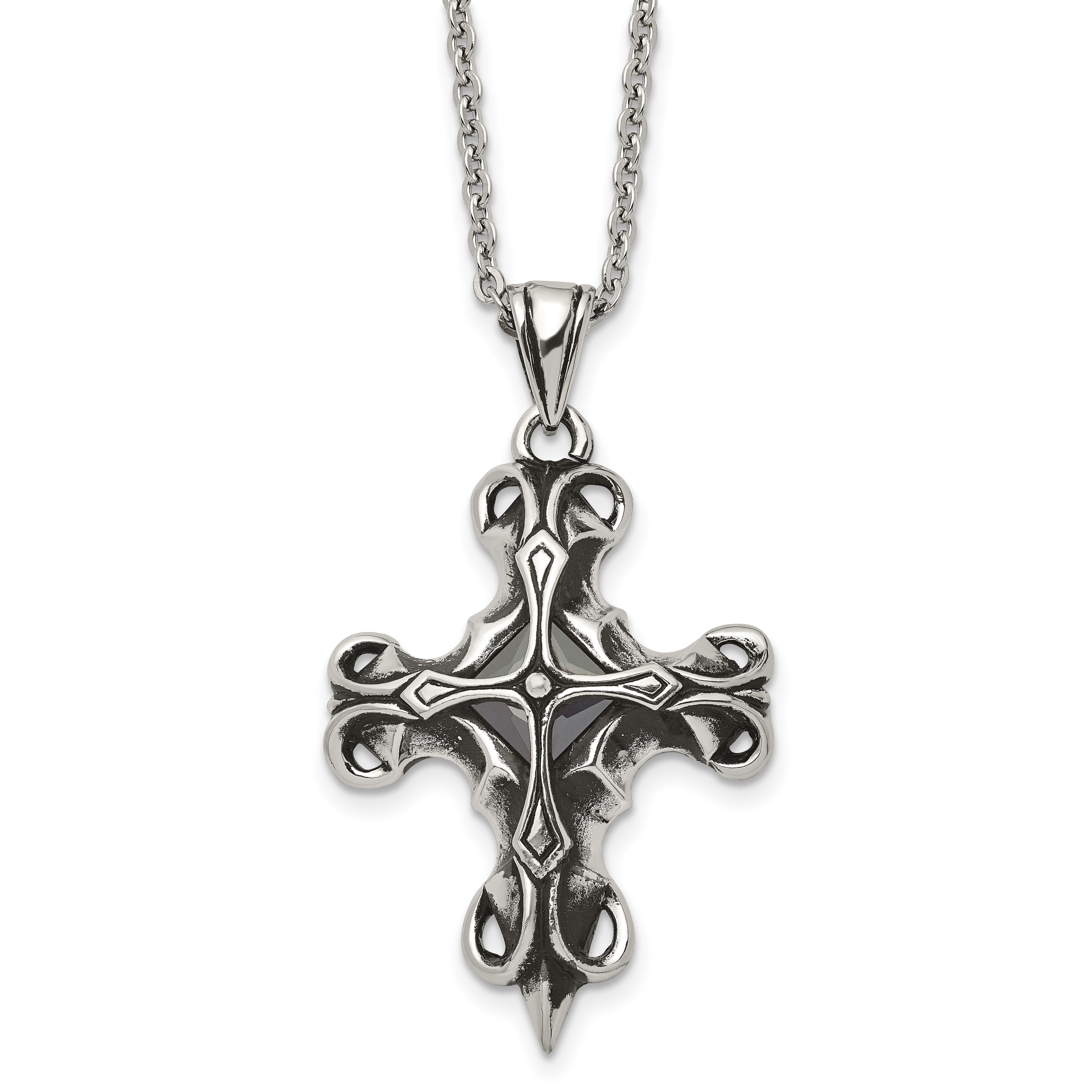 Stainless Steel Antiqued and Polished w/Black Glass Cross 22in Necklace Main image