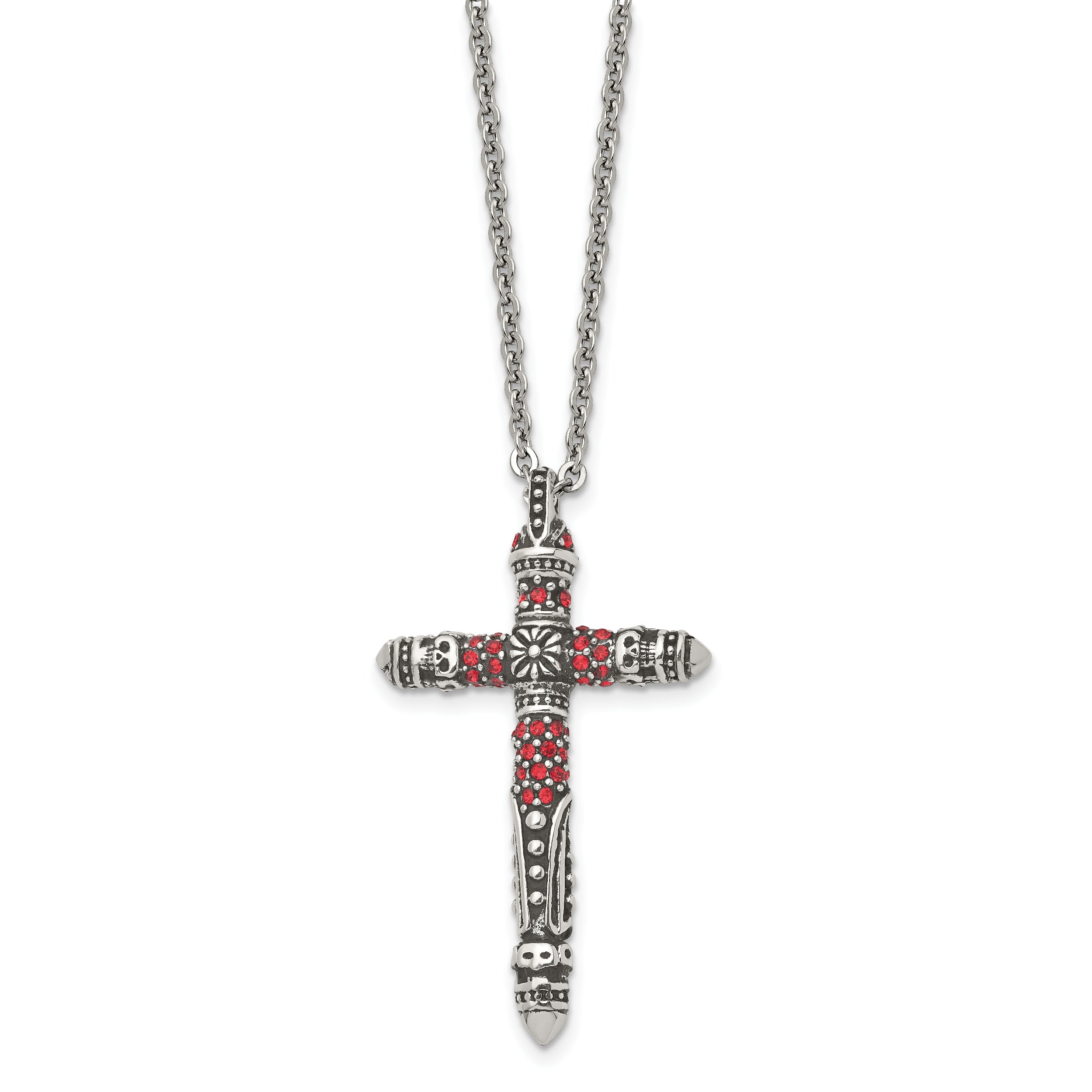 Stainless Steel Antiqued and Polished w/Red Crystal Cross 22in Necklace