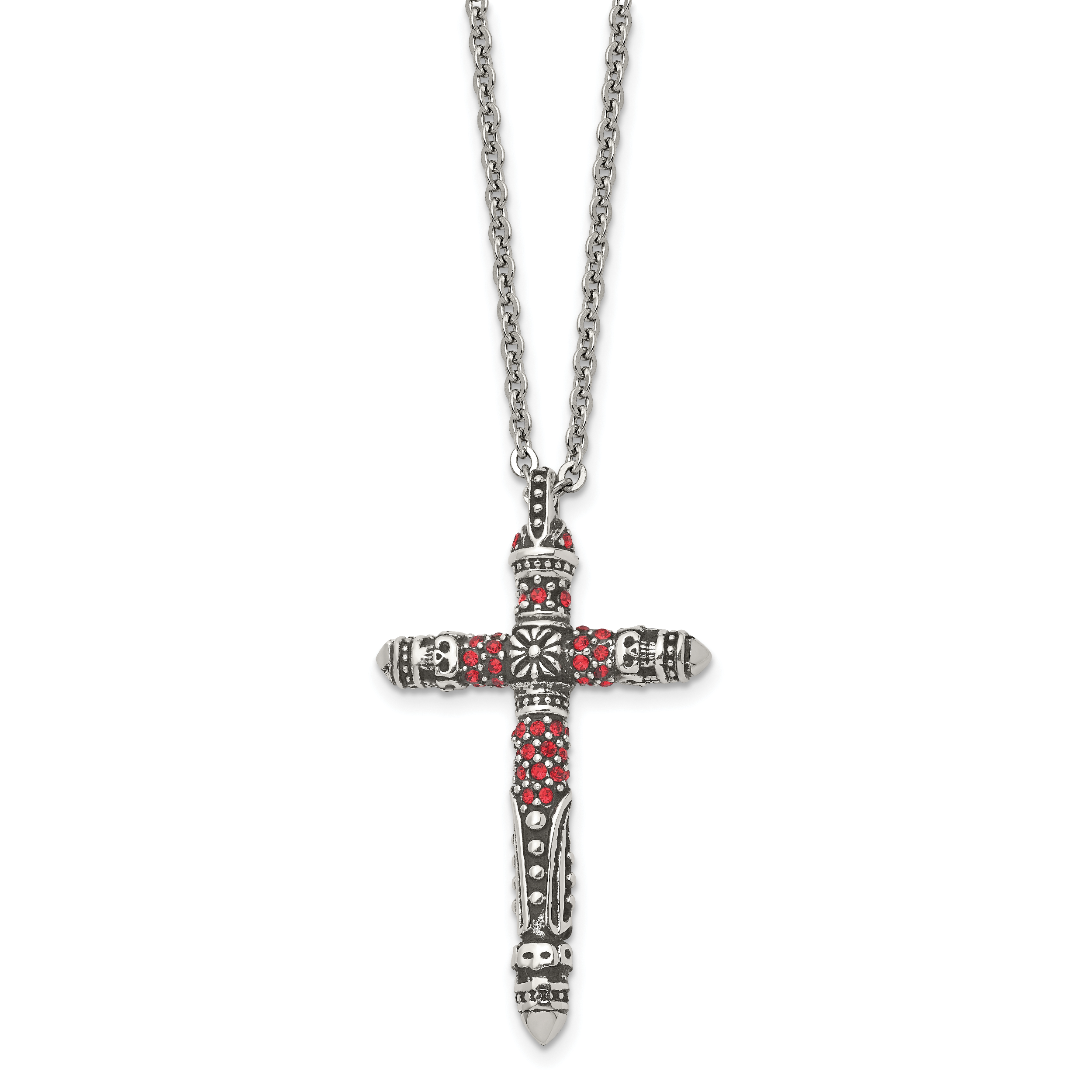 Stainless Steel Antiqued and Polished w/Red Crystal Cross 22in Necklace