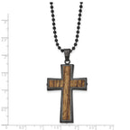 Stainless Steel Brushed GunMetal IP-plated w/Wood Inlay Cross Necklace